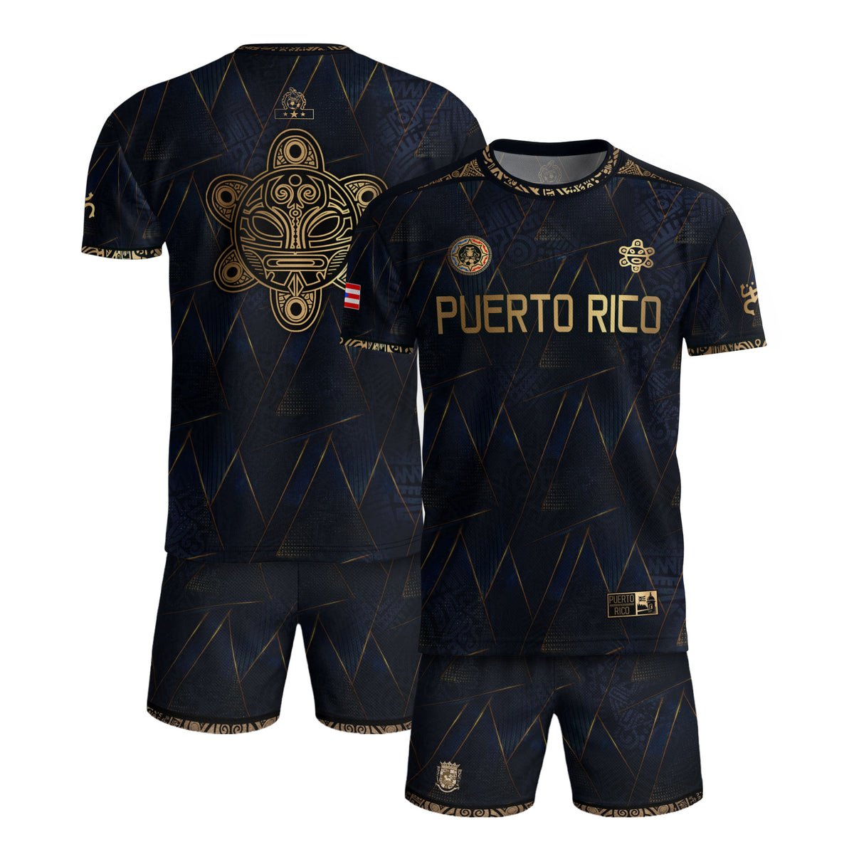 Puerto Rico Soccer Jersey Navy Gold - Geometric Taino Sun Design - Boricua Football Shirt
