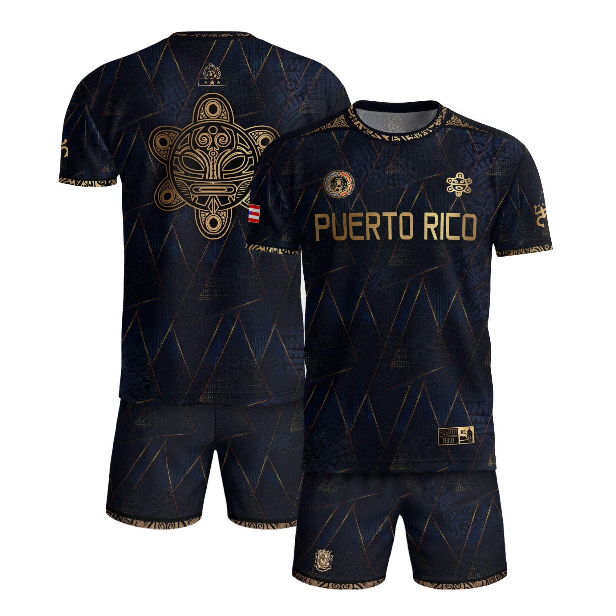 Puerto Rico Soccer Jersey Navy Gold - Geometric Taino Sun Design - Boricua Football Shirt