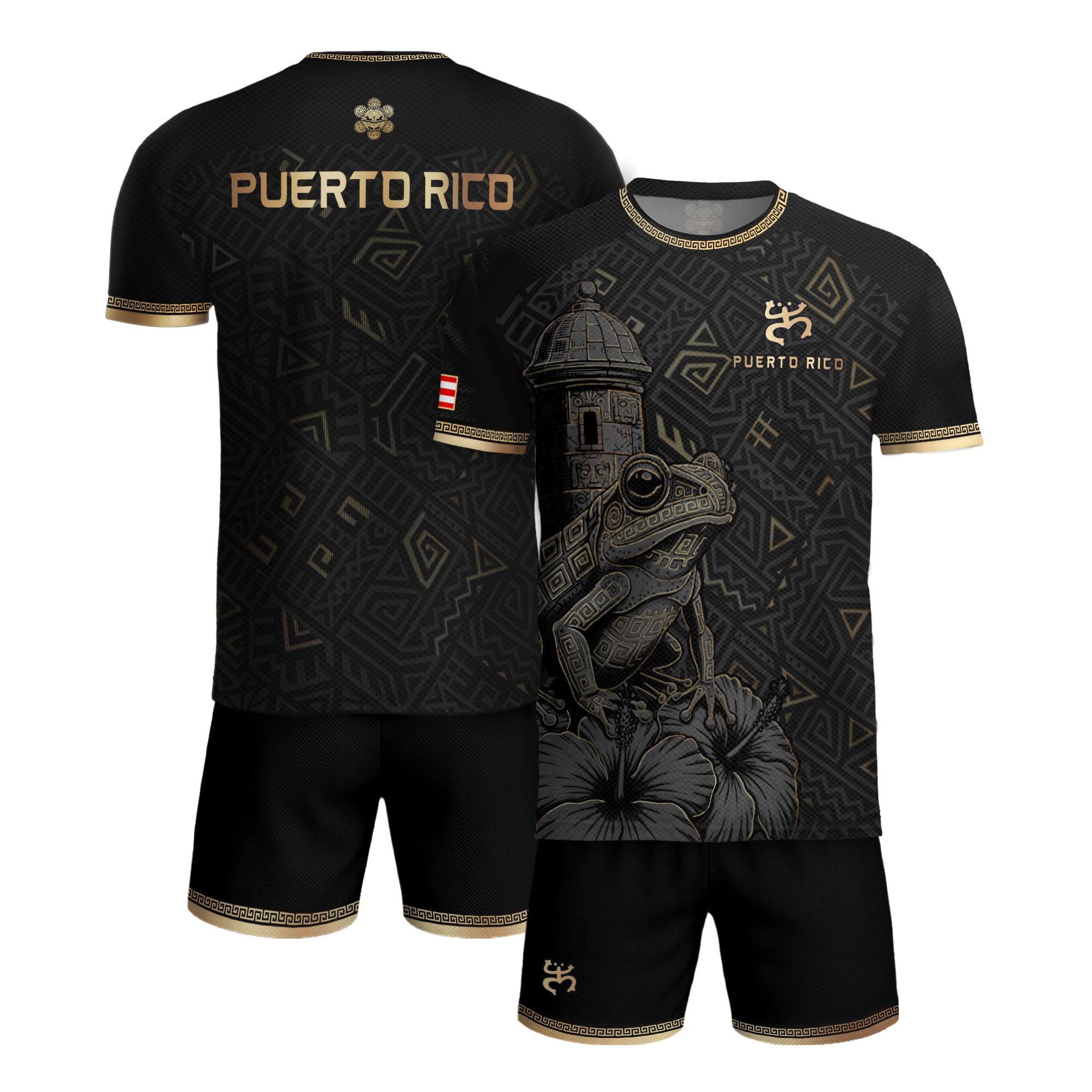 Puerto Rico Soccer Jersey Black Gold Coqui Frog Taino Pattern Patriotic