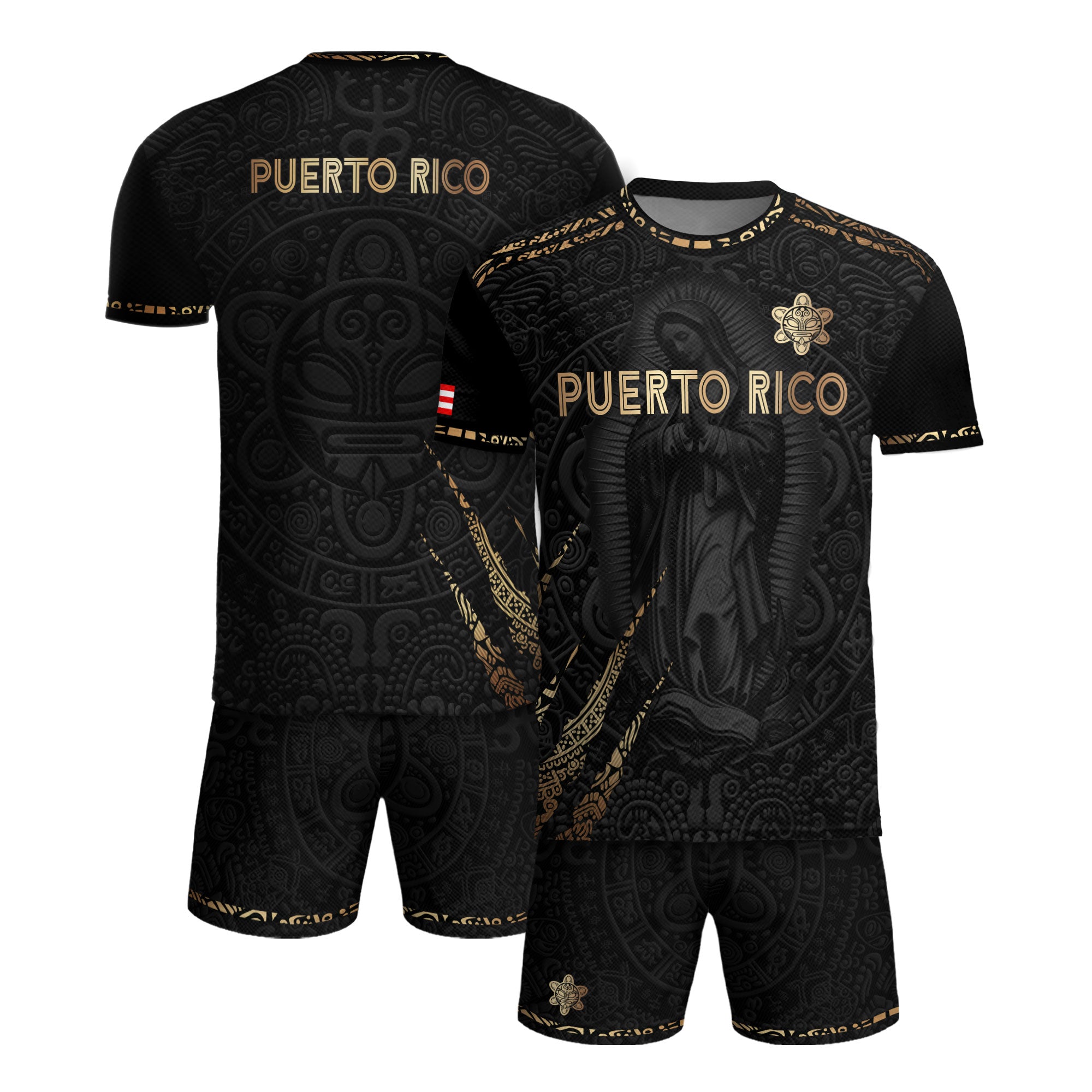 Puerto Rico Soccer Jersey Virgin Mary Guadalupe Taino Pattern Black Gold