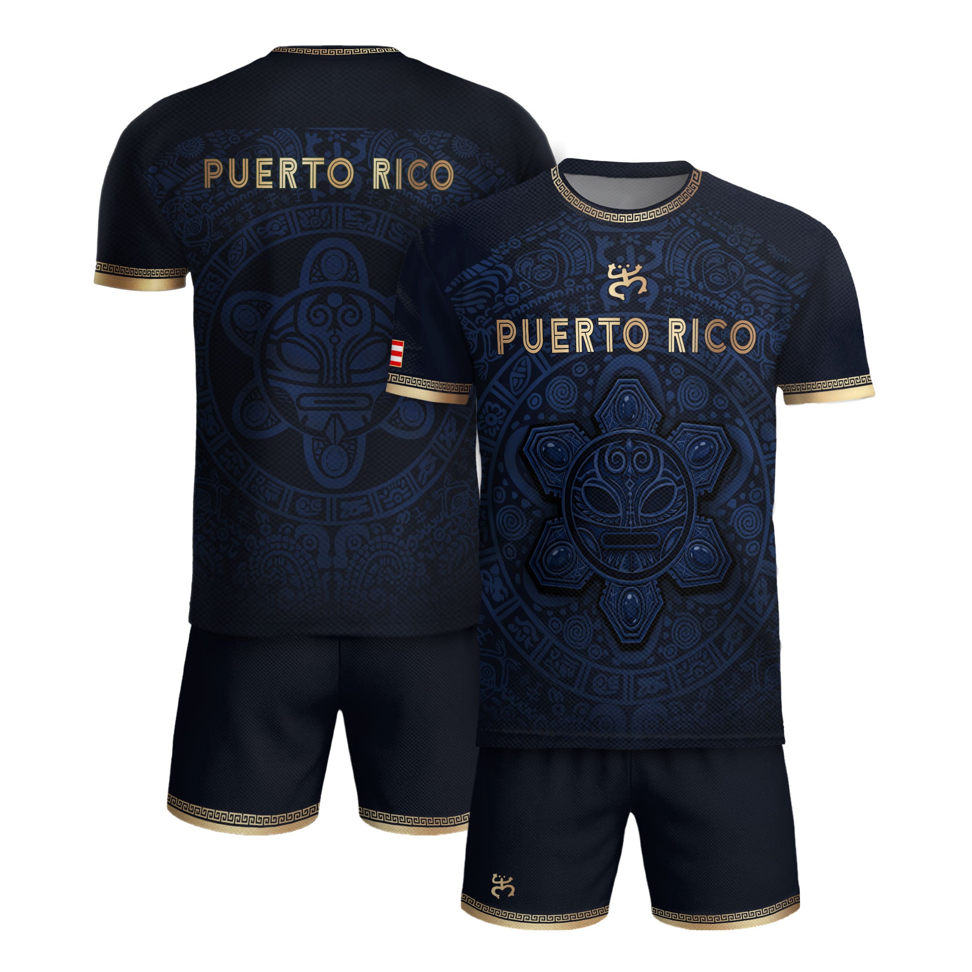 Puerto Rico Soccer Jersey Navy Gold Taino Sun Pattern National Pride Gear