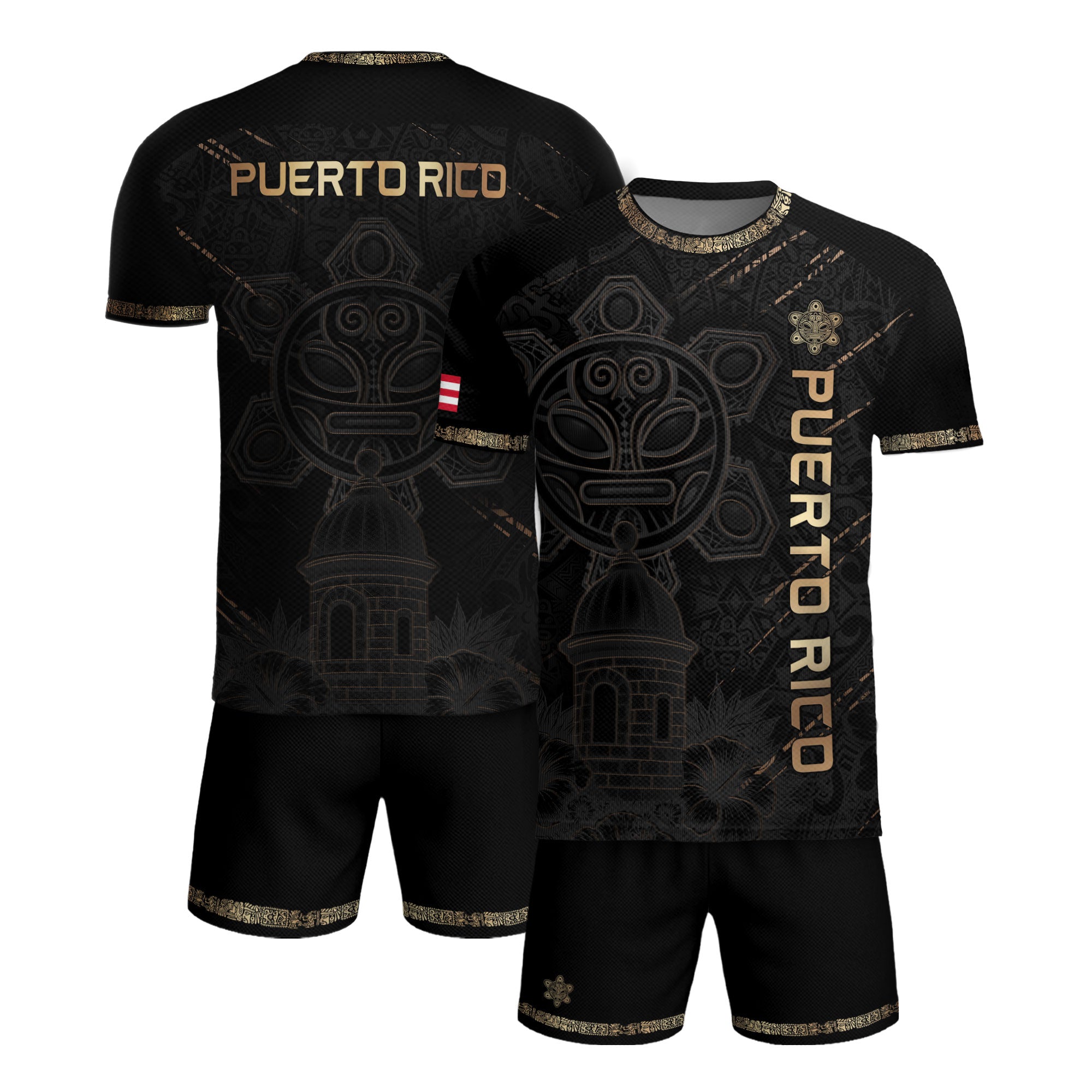Puerto Rico Soccer Jersey Black Gold Taino Art Patriotic Fan Shirt
