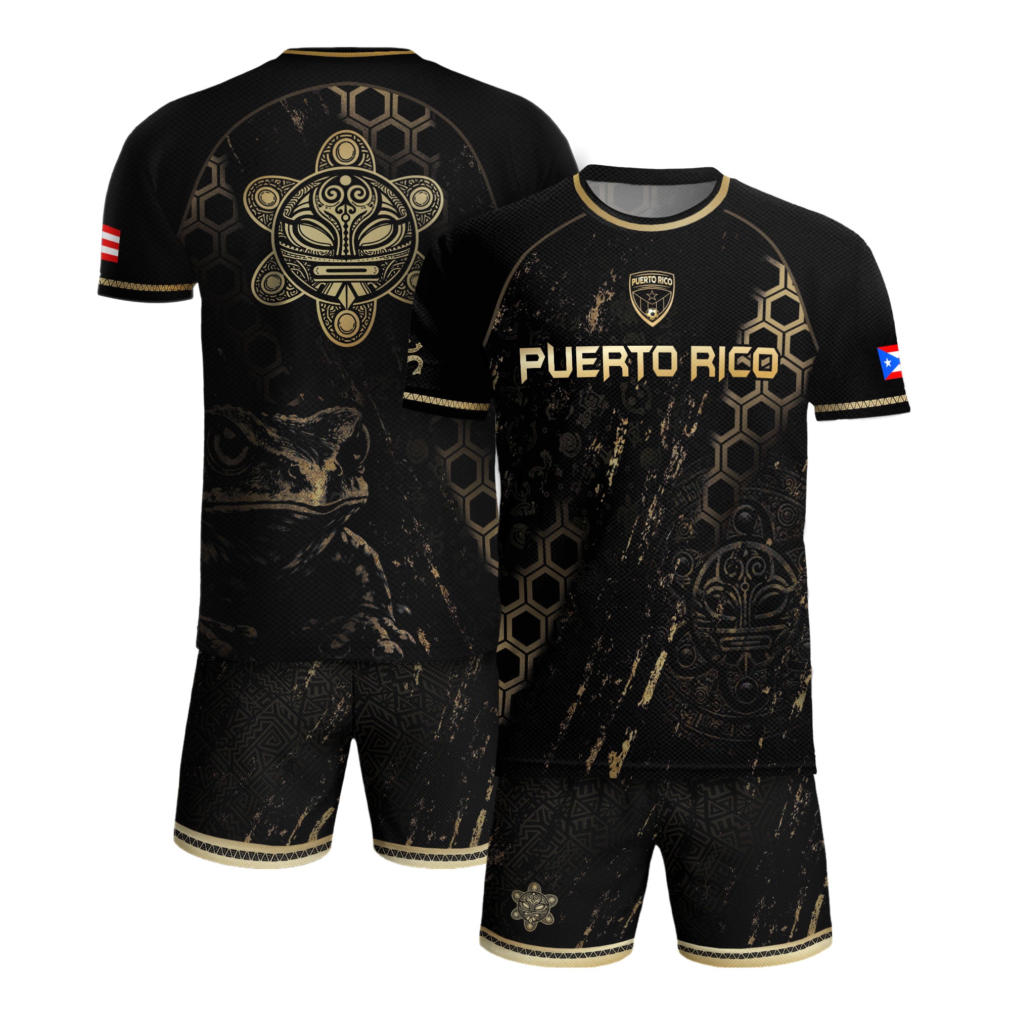Puerto Rico Heritage Black Gold Coqui Frog Graphic Taino Mask Pride Soccer Jersey