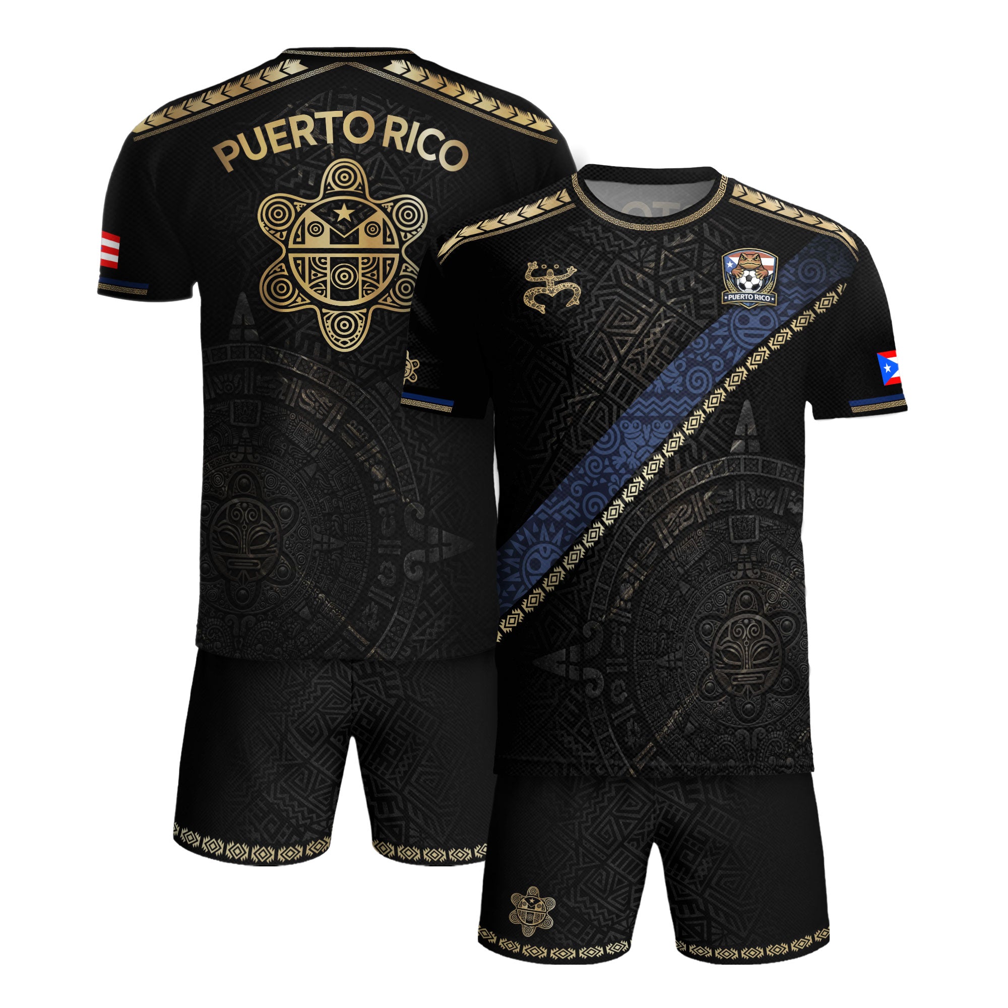 Puerto Rico Heritage Black Sash Graphic Gold Pattern Boricua Pride Soccer Jersey