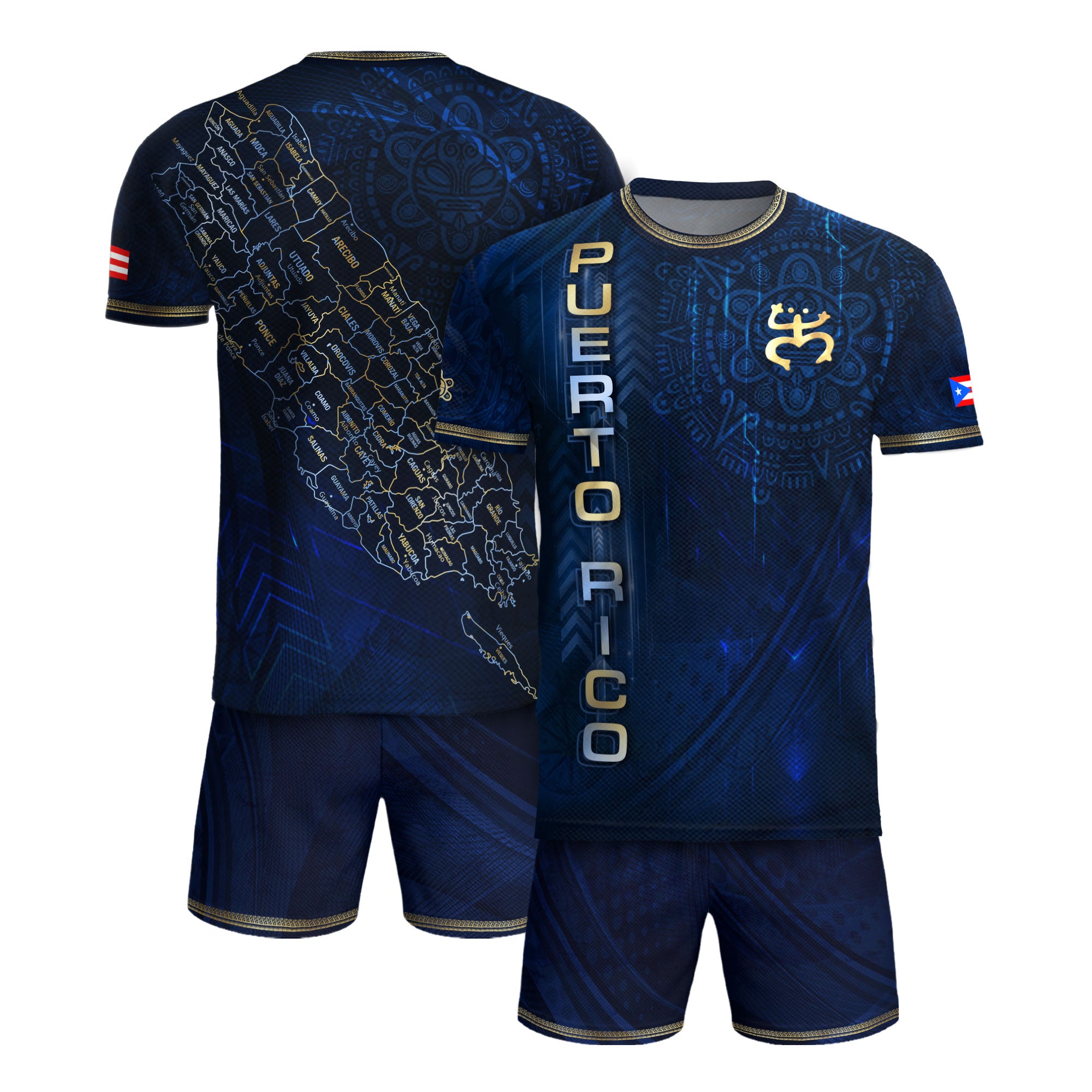 Puerto Rico Heritage Orgullo Boricua Navy Gold Detailed Island Map Coqui Soccer Jersey