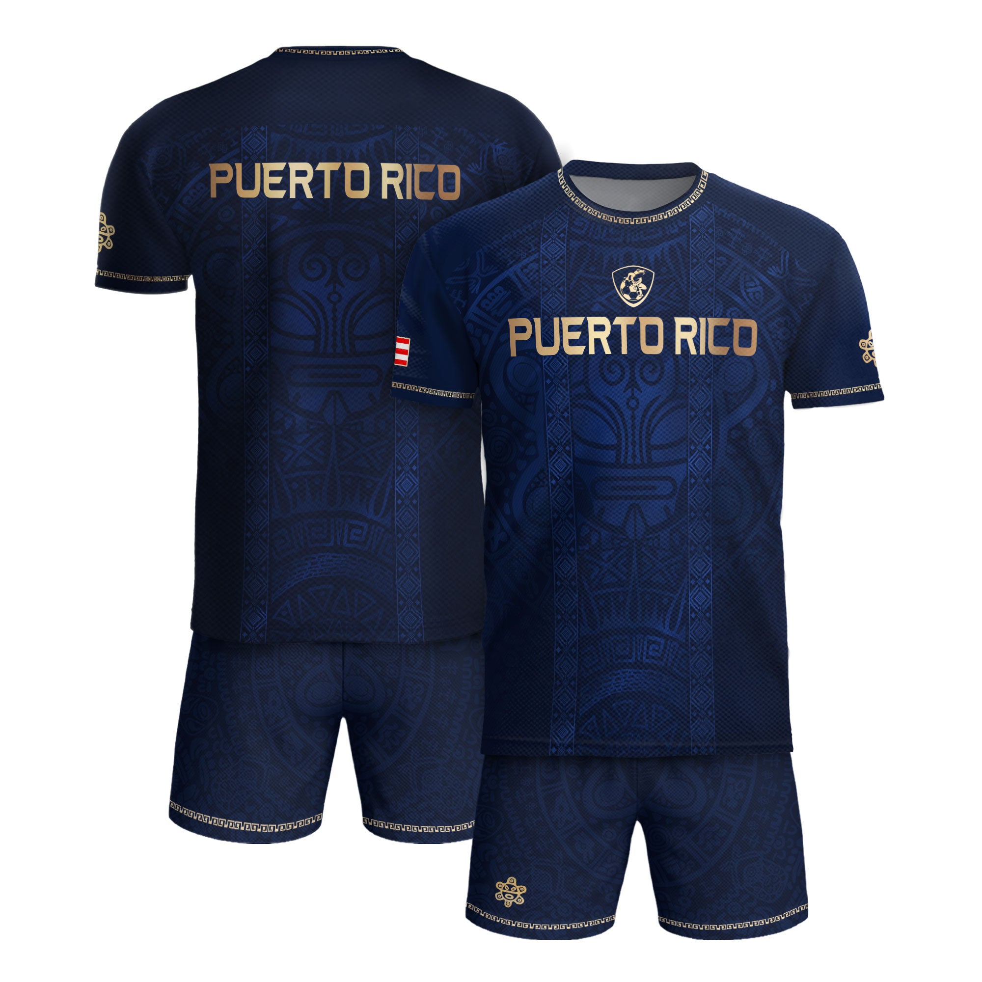 Camiseta de fútbol con máscara taína boricua azul marino de Puerto Rico, bandera tribal, orgullo nacional