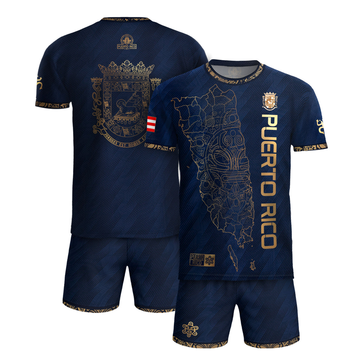 Puerto Rico Soccer Jersey Navy Gold - Puerto Rico Map & Coat of Arms Edition Football Shirt