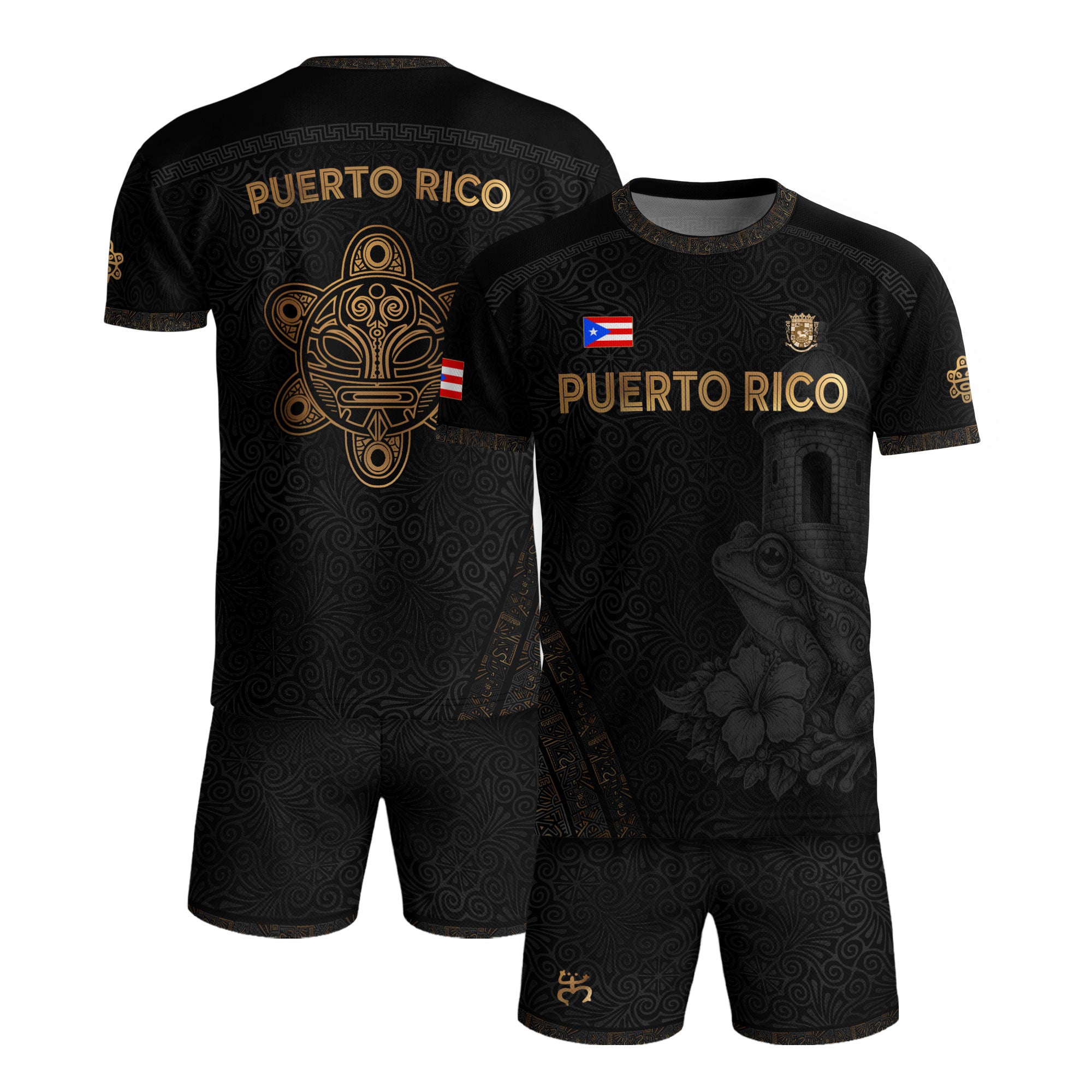 Puerto Rico Soccer Jersey - El Morro & Coqui Frog Design - Taino Sun Tribal Black Gold