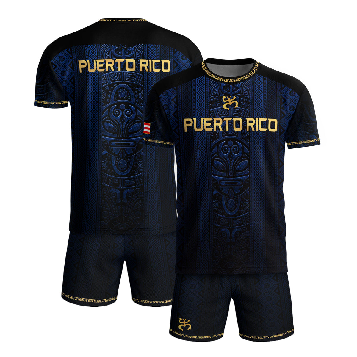 Camiseta de fútbol con máscara taína boricua azul marino de Puerto Rico, bandera tribal, orgullo nacional