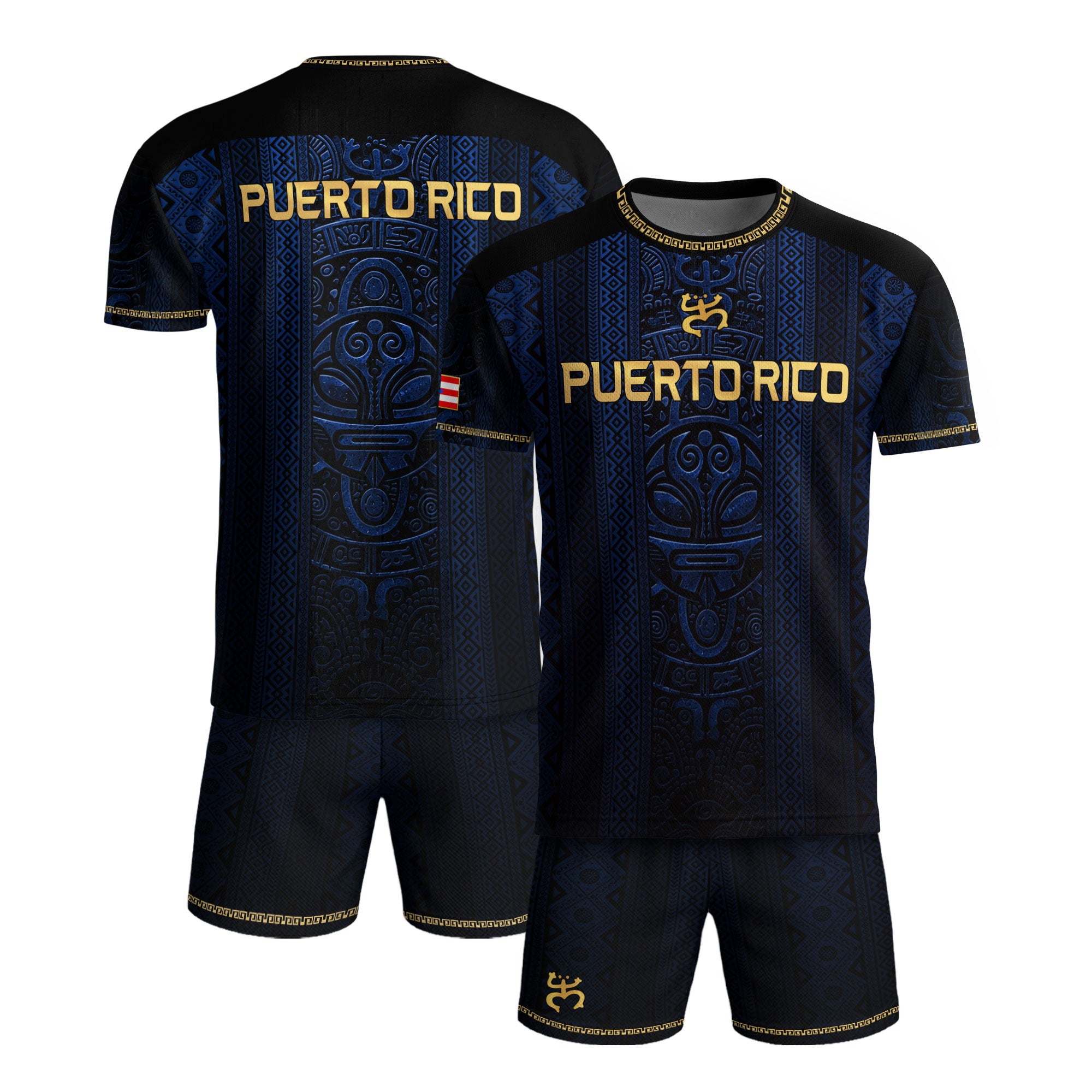 Camiseta de fútbol con máscara taína boricua azul marino de Puerto Rico, bandera tribal, orgullo nacional