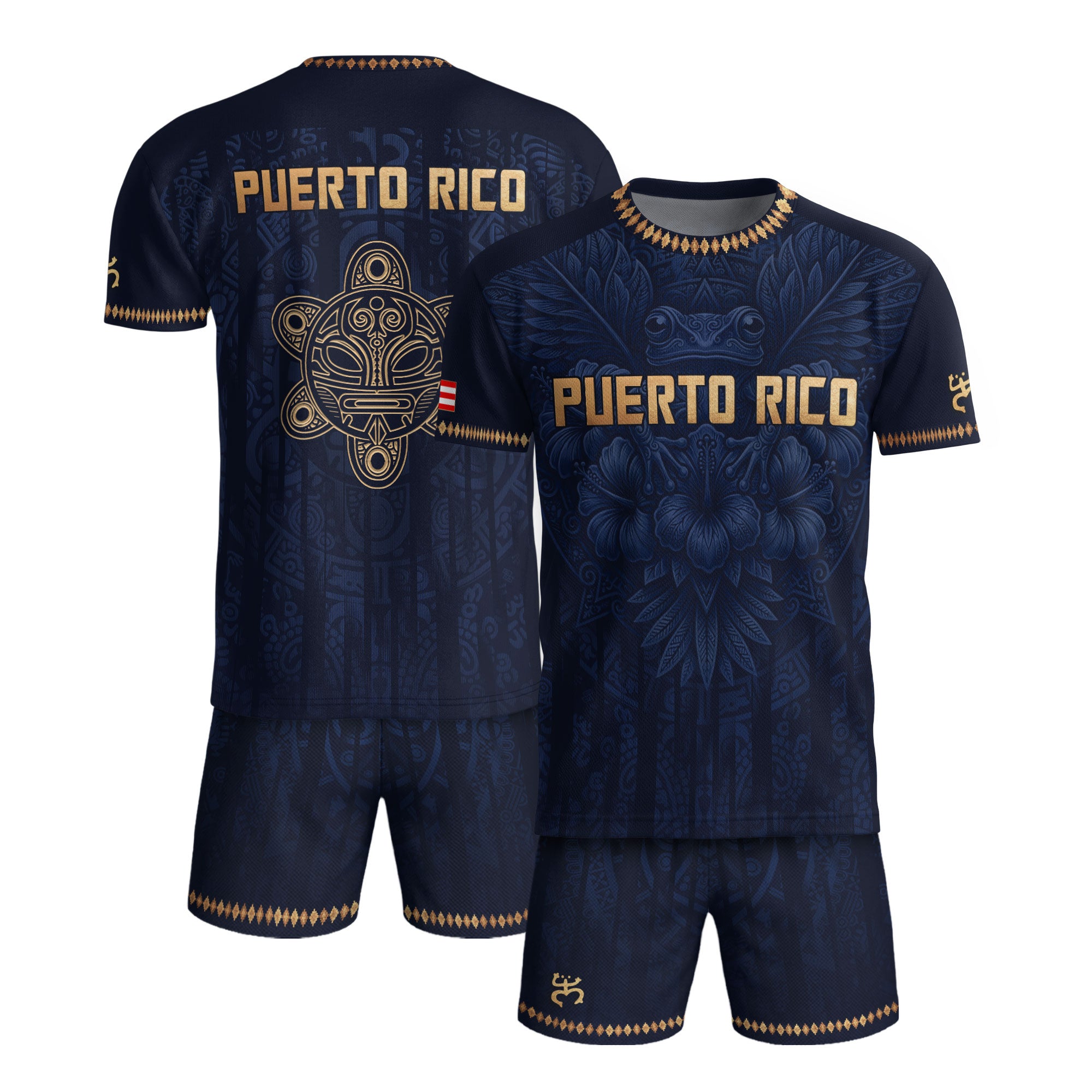Camiseta de fútbol con máscara taína boricua azul marino de Puerto Rico, bandera tribal, orgullo nacional