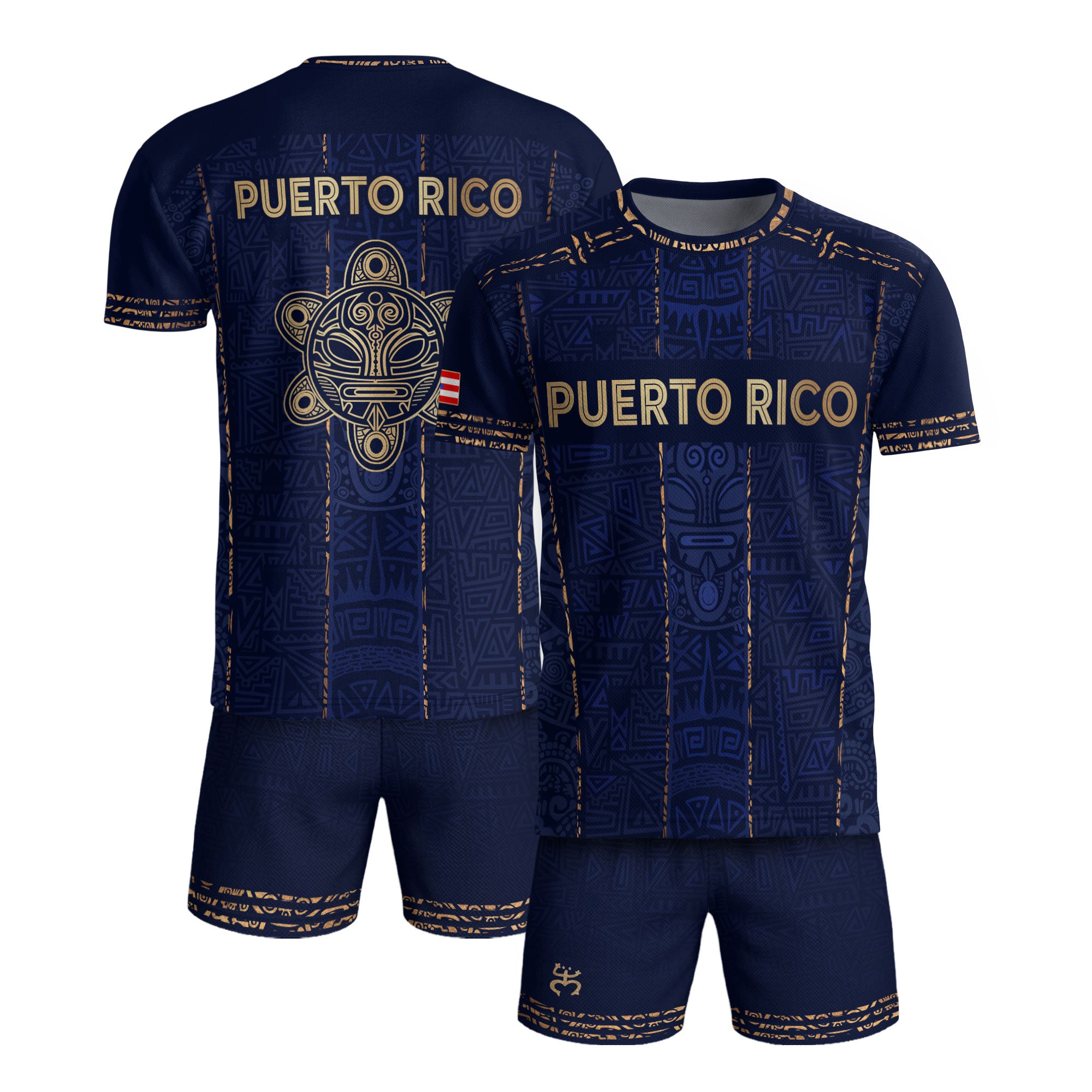 Camiseta de fútbol con máscara taína boricua azul marino de Puerto Rico, bandera tribal, orgullo nacional