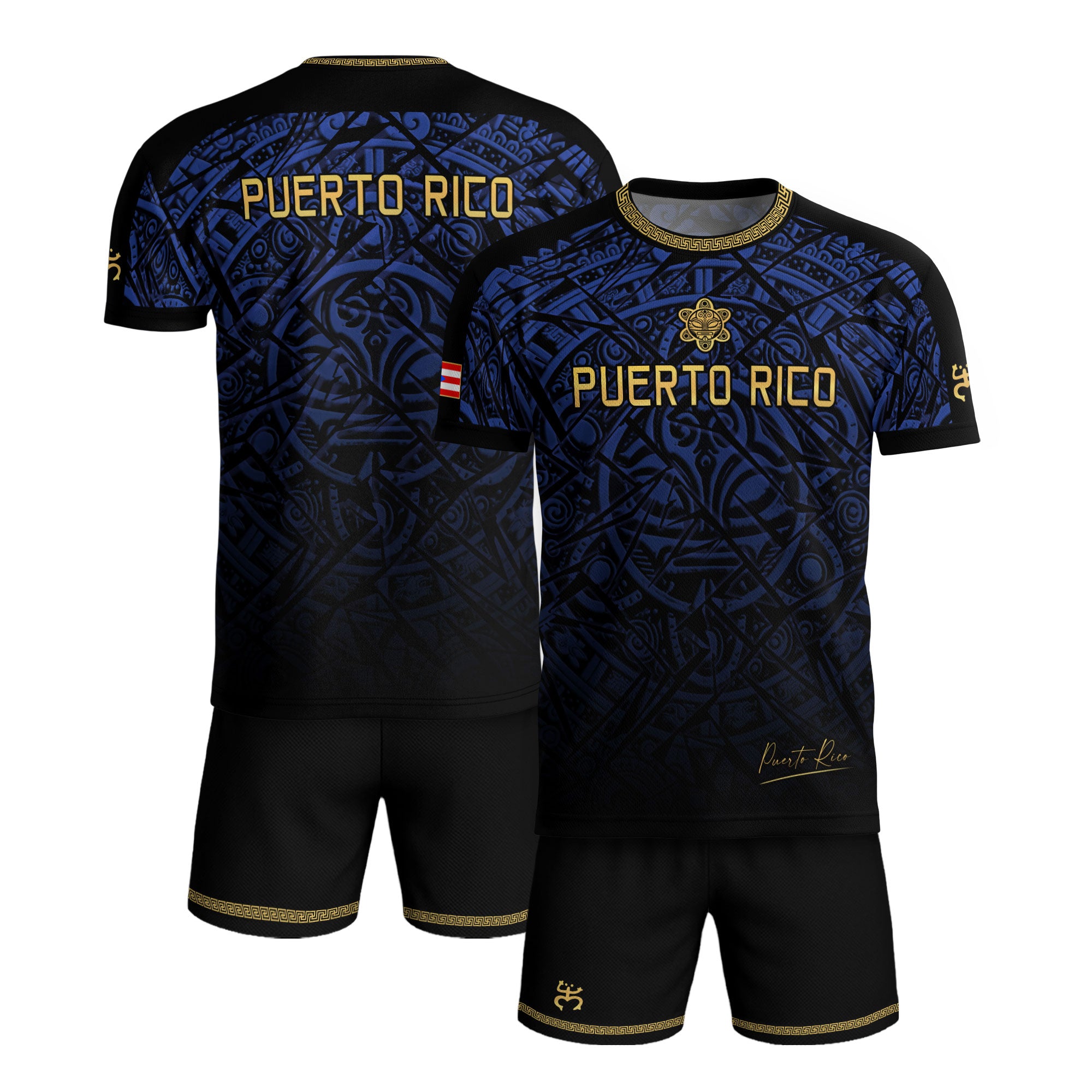 Camiseta de fútbol con máscara taína boricua azul marino de Puerto Rico, bandera tribal, orgullo nacional