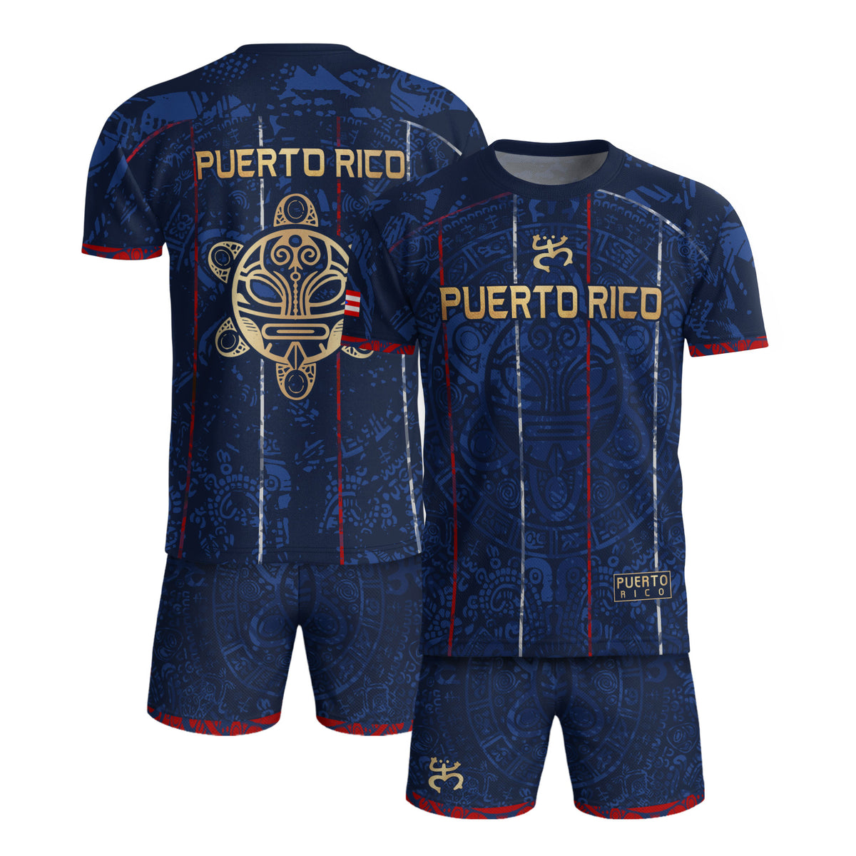 Camiseta de fútbol con máscara taína boricua azul marino de Puerto Rico, bandera tribal, orgullo nacional