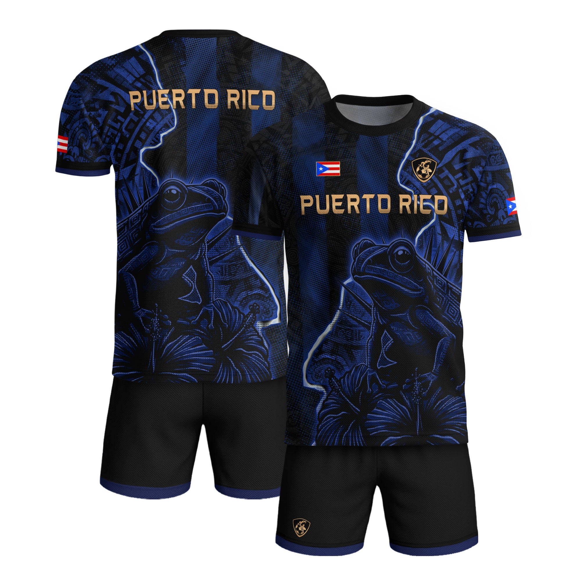 Camiseta de fútbol con máscara taína boricua azul marino de Puerto Rico, bandera tribal, orgullo nacional