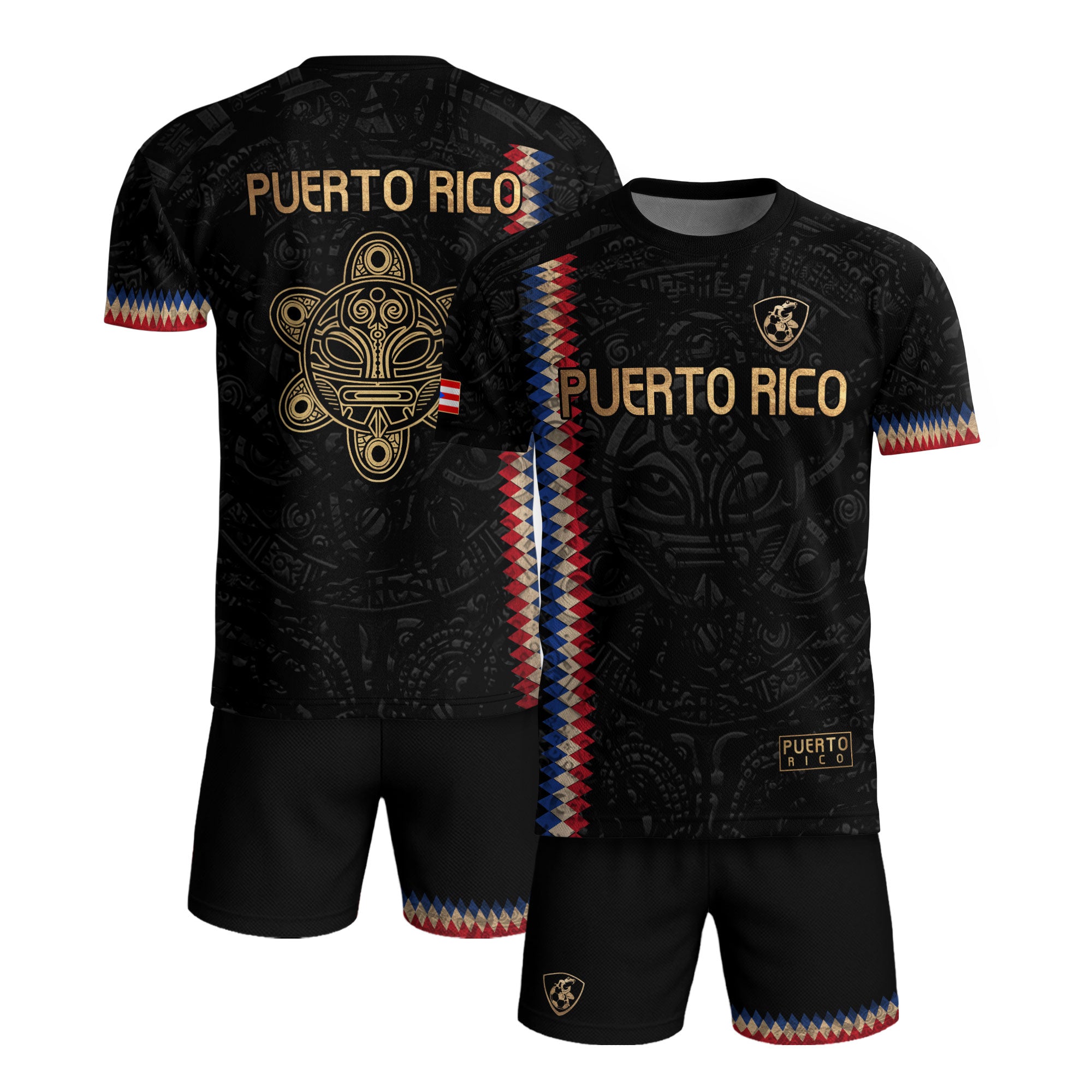 Camiseta de fútbol con máscara taína boricua azul marino de Puerto Rico, bandera tribal, orgullo nacional
