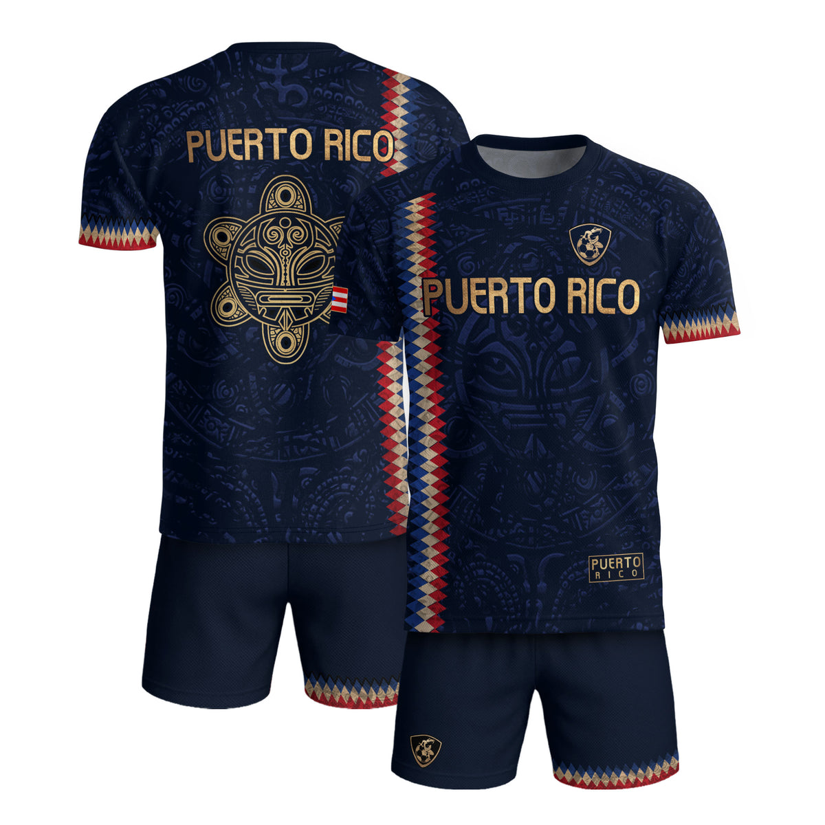 Camiseta de fútbol con máscara taína boricua azul marino de Puerto Rico, bandera tribal, orgullo nacional