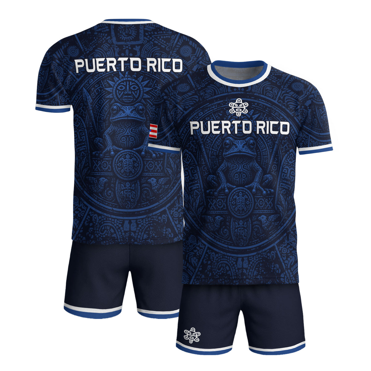 Camiseta de fútbol con máscara taína boricua azul marino de Puerto Rico, bandera tribal, orgullo nacional