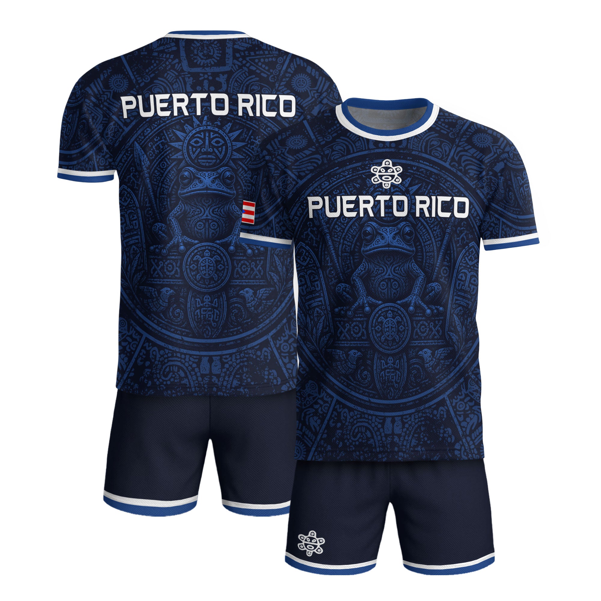 Navy Puerto Rico Soccer Jersey Coqui Taino Cultural Emblem Men Shirt and Shorts Set