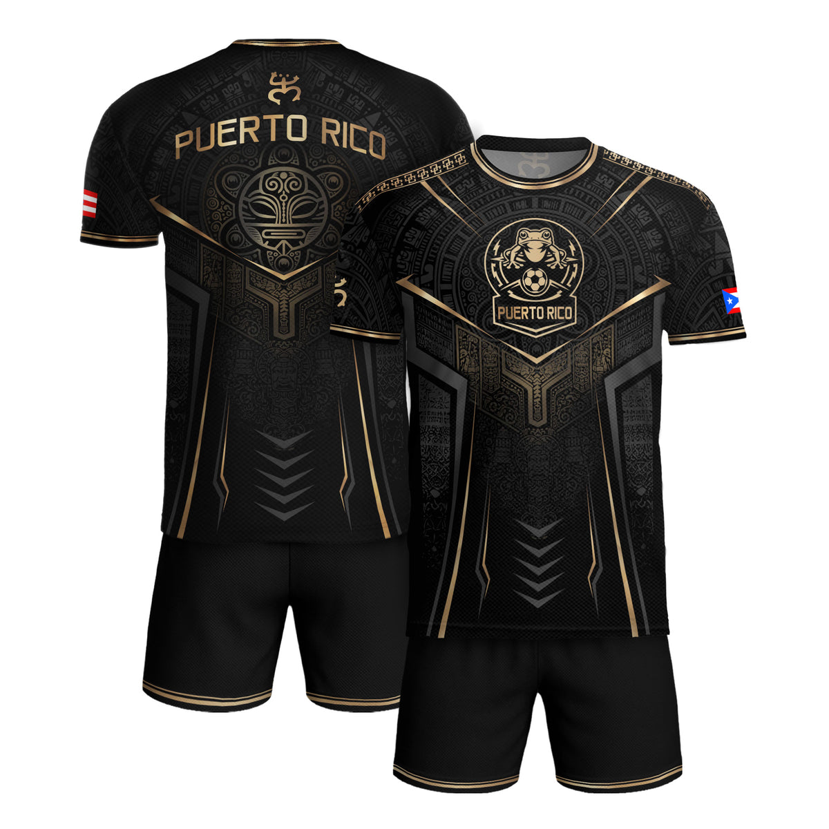 Black Puerto Rico Soccer Jersey Gold Coquí Frog Crest - Taino Sun Tribal Football Shirt