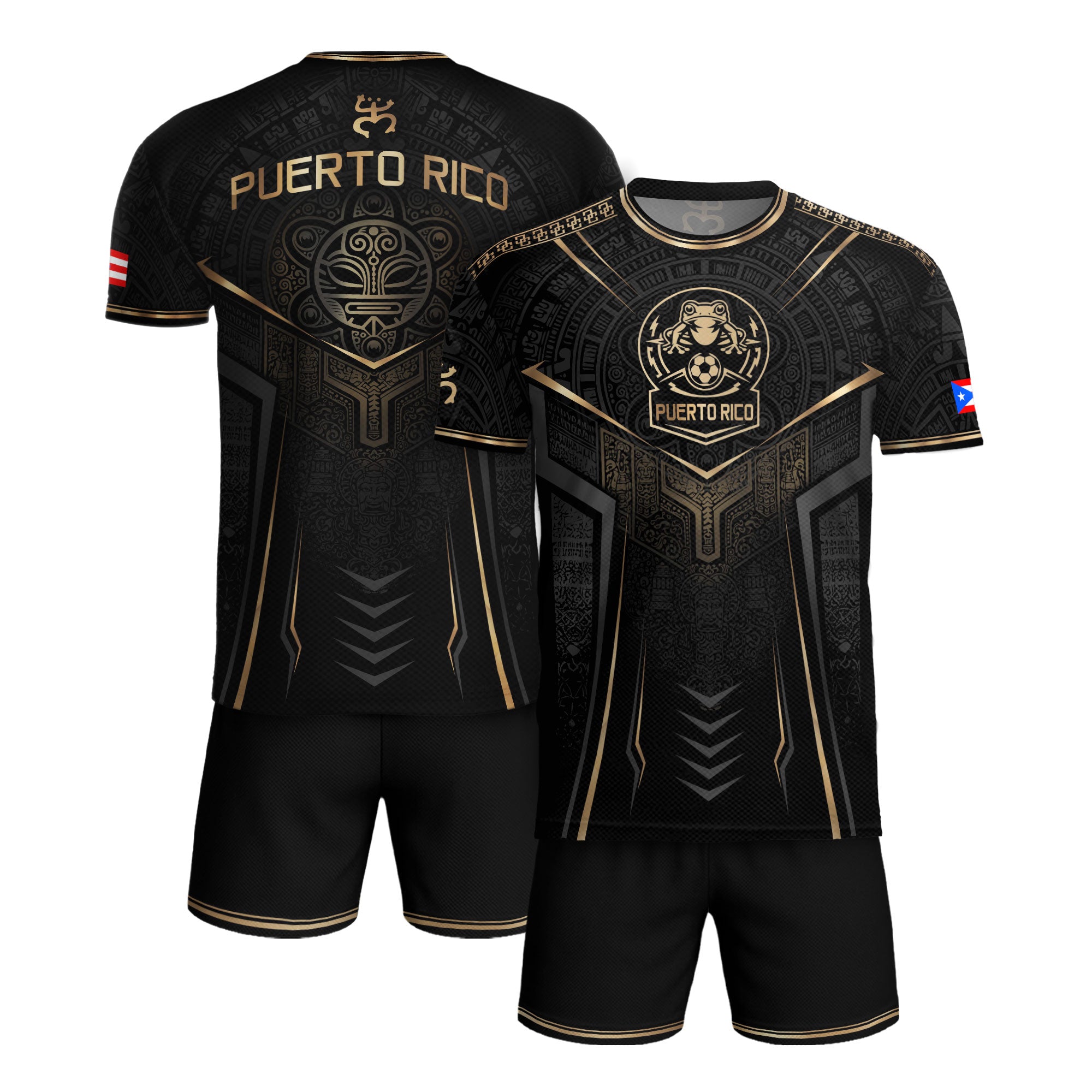 Black Puerto Rico Soccer Jersey Gold Coquí Frog Crest - Taino Sun Tribal Football Shirt
