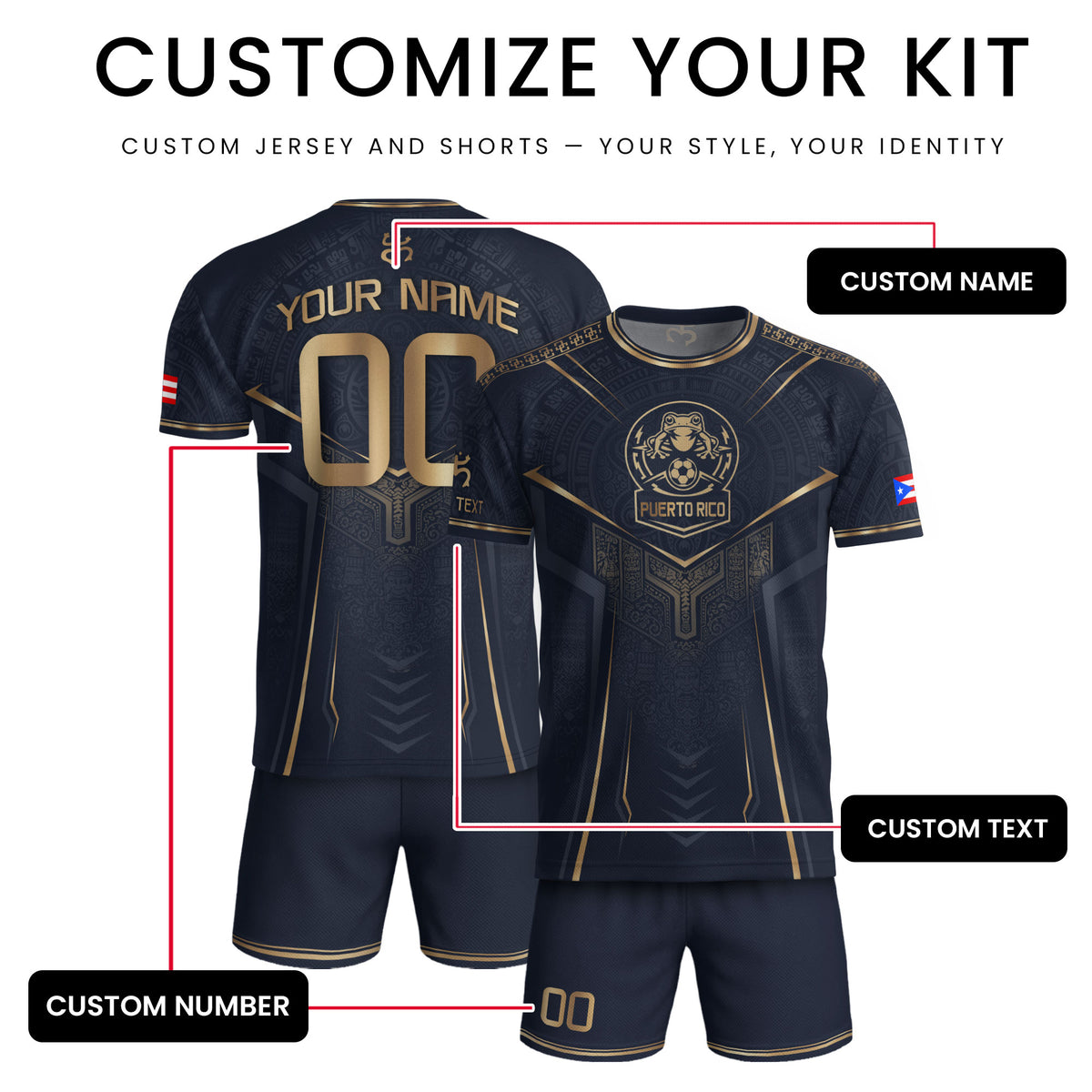 Personalized Puerto Rico Soccer Jersey Taino Coqui Frog Navy Gold Football Shirt