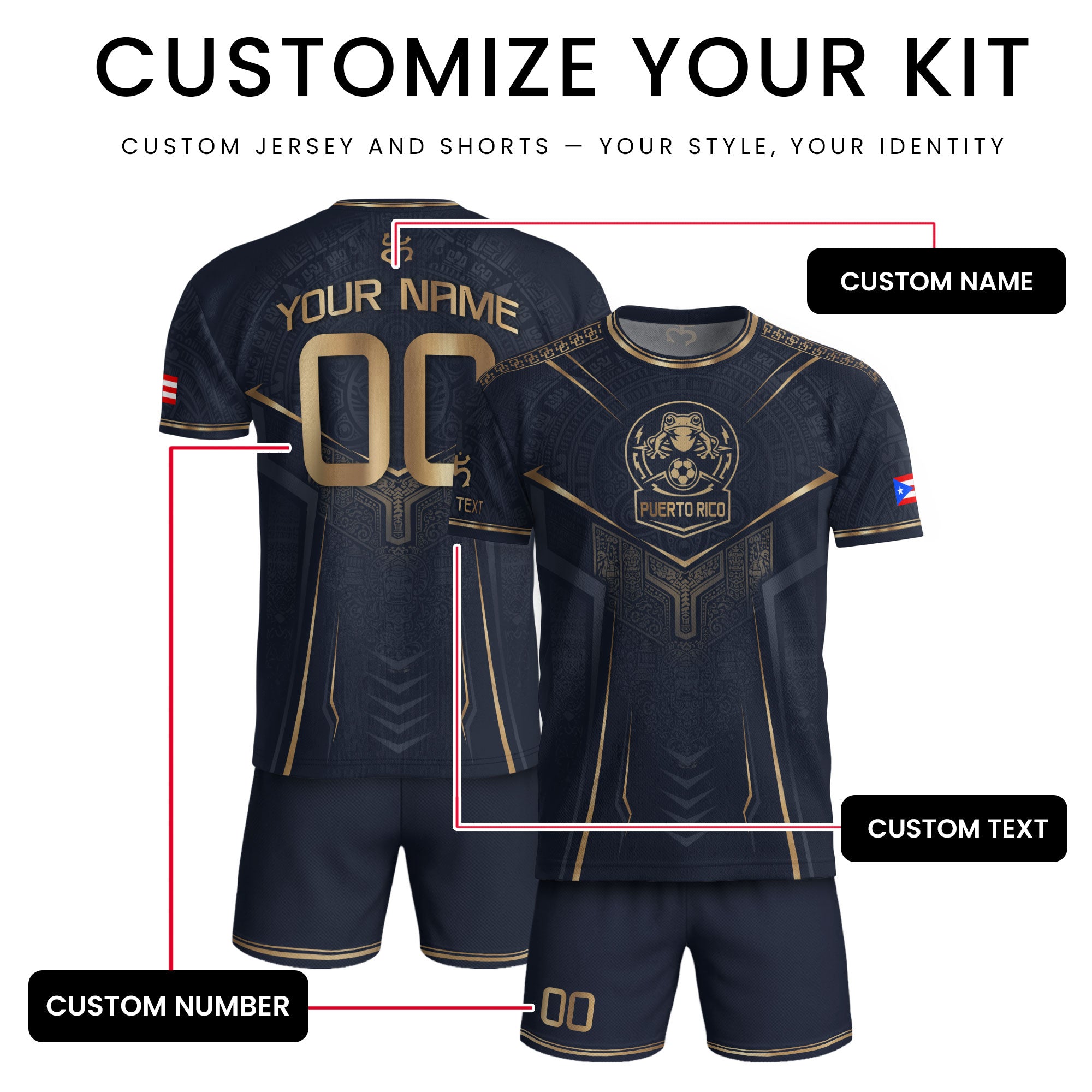 Personalized Puerto Rico Soccer Jersey Taino Coqui Frog Navy Gold Football Shirt
