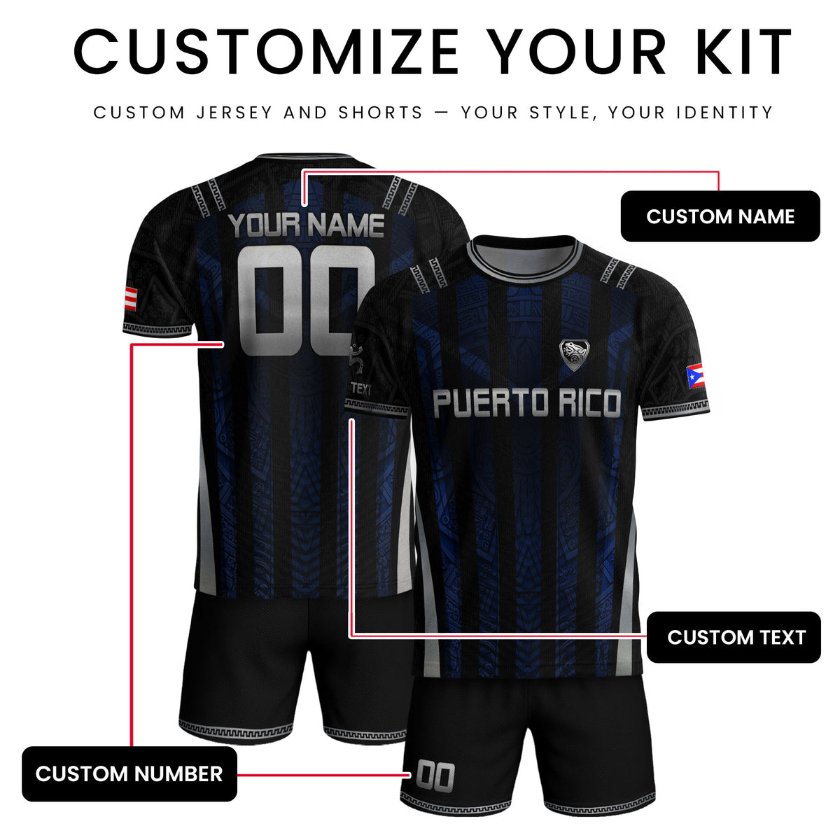 Custom Puerto Rico Soccer Jersey Navy Silver Taino Tribal Football Shirt