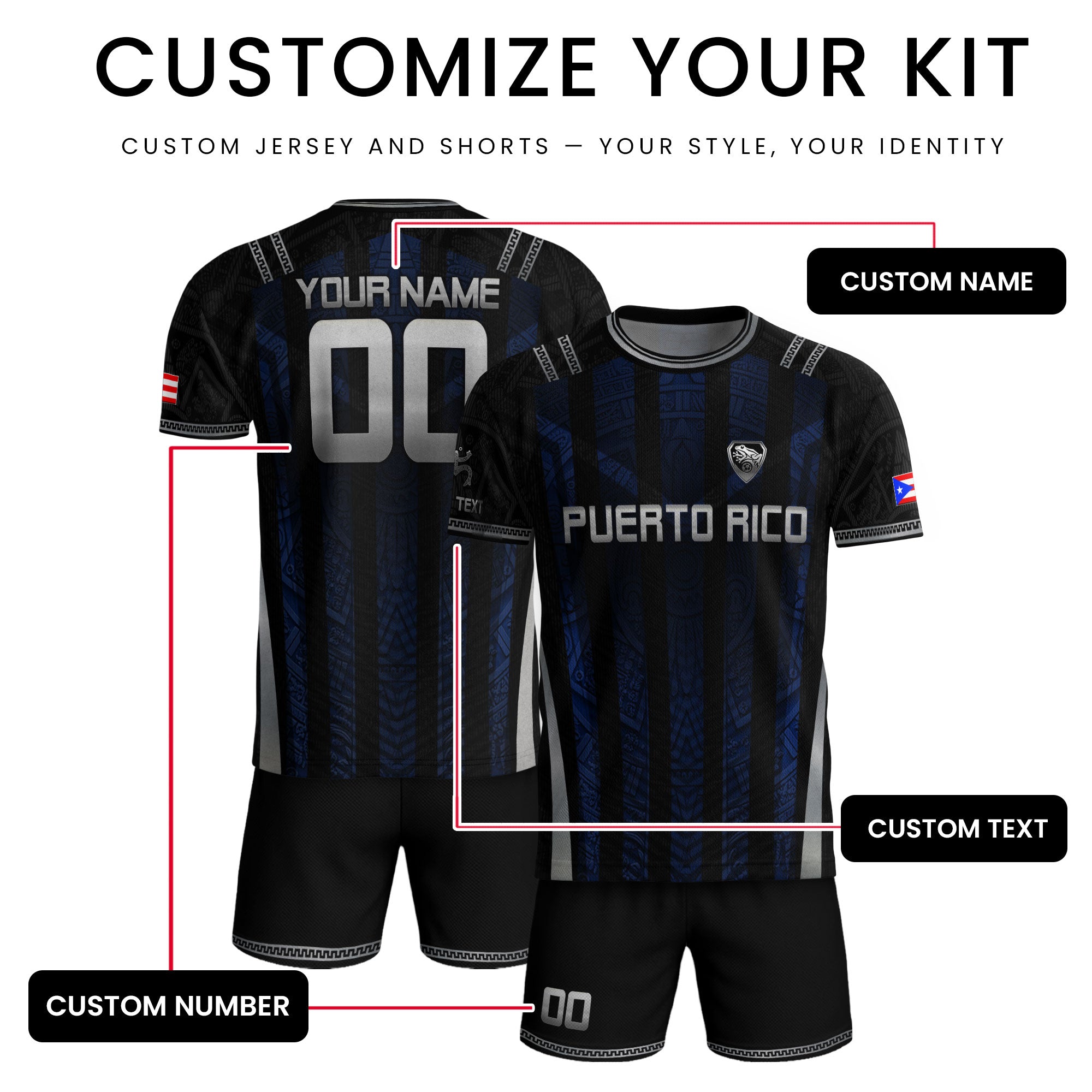 Custom Puerto Rico Soccer Jersey Navy Silver Taino Tribal Football Shirt