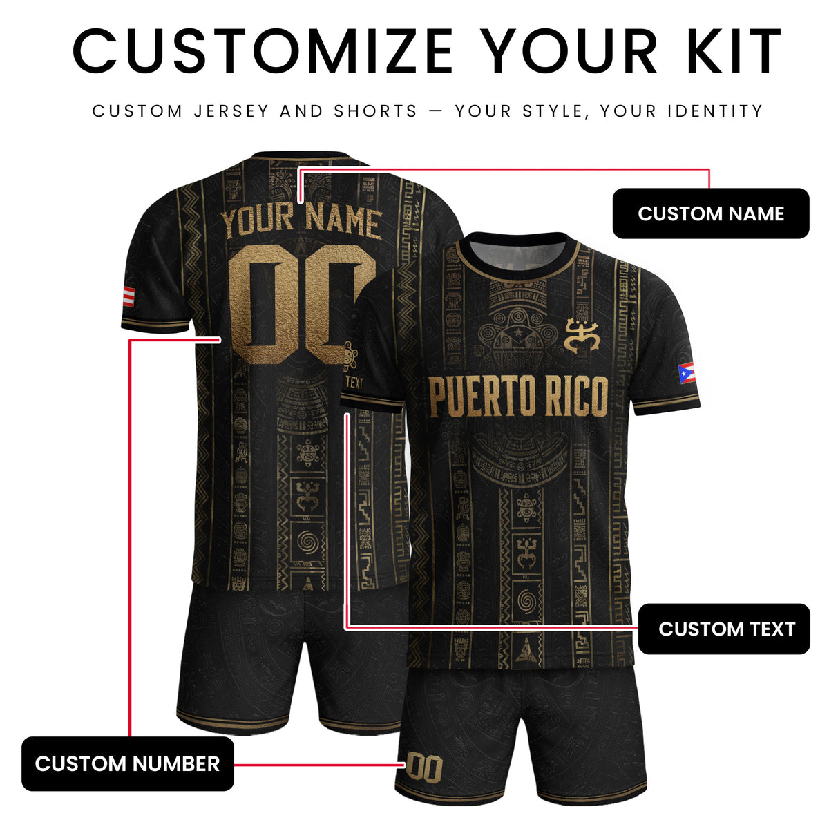 Puerto Rico Soccer Jersey Taino Petroglyph Black Gold Personalized Football Shirt