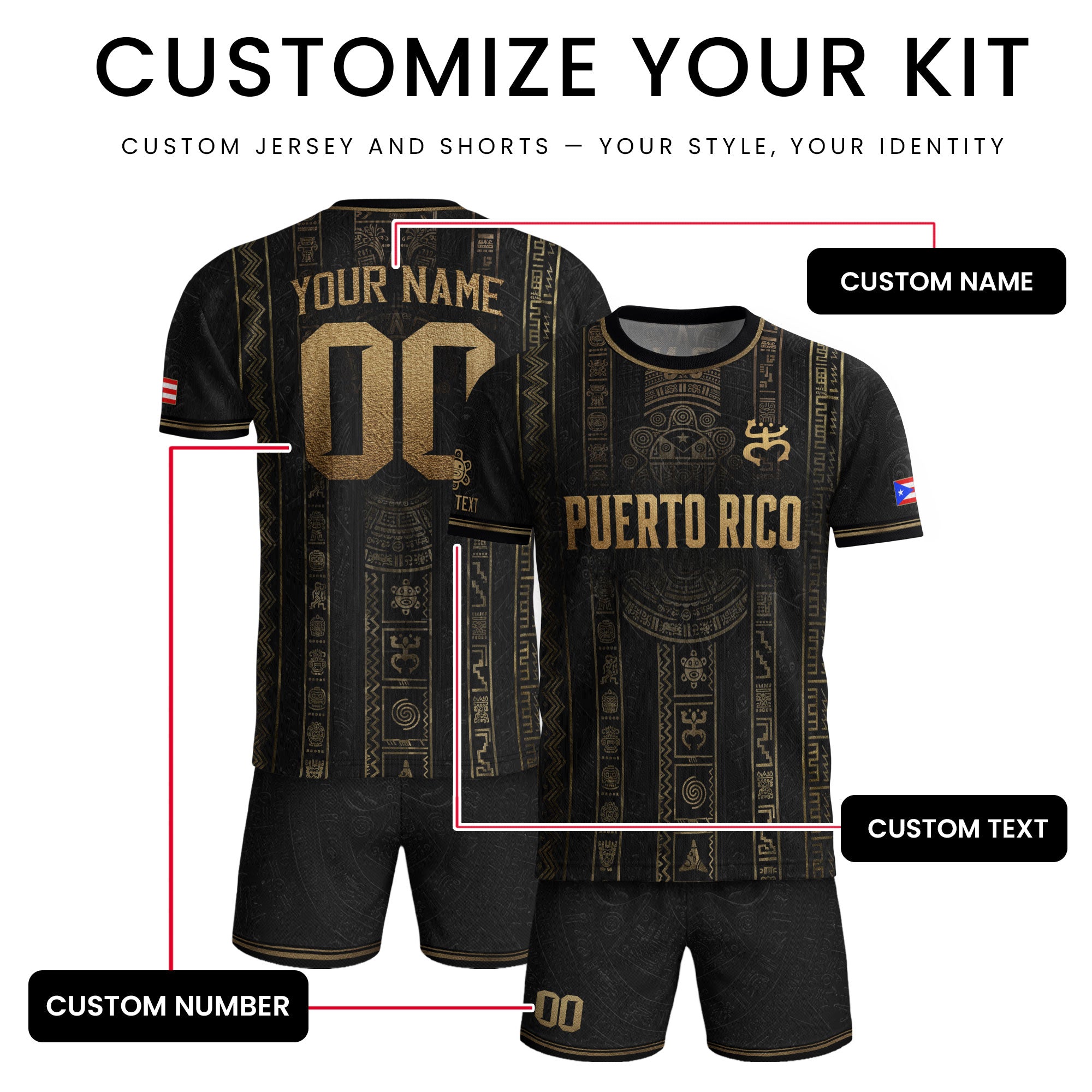 Puerto Rico Soccer Jersey Taino Petroglyph Black Gold Personalized Football Shirt