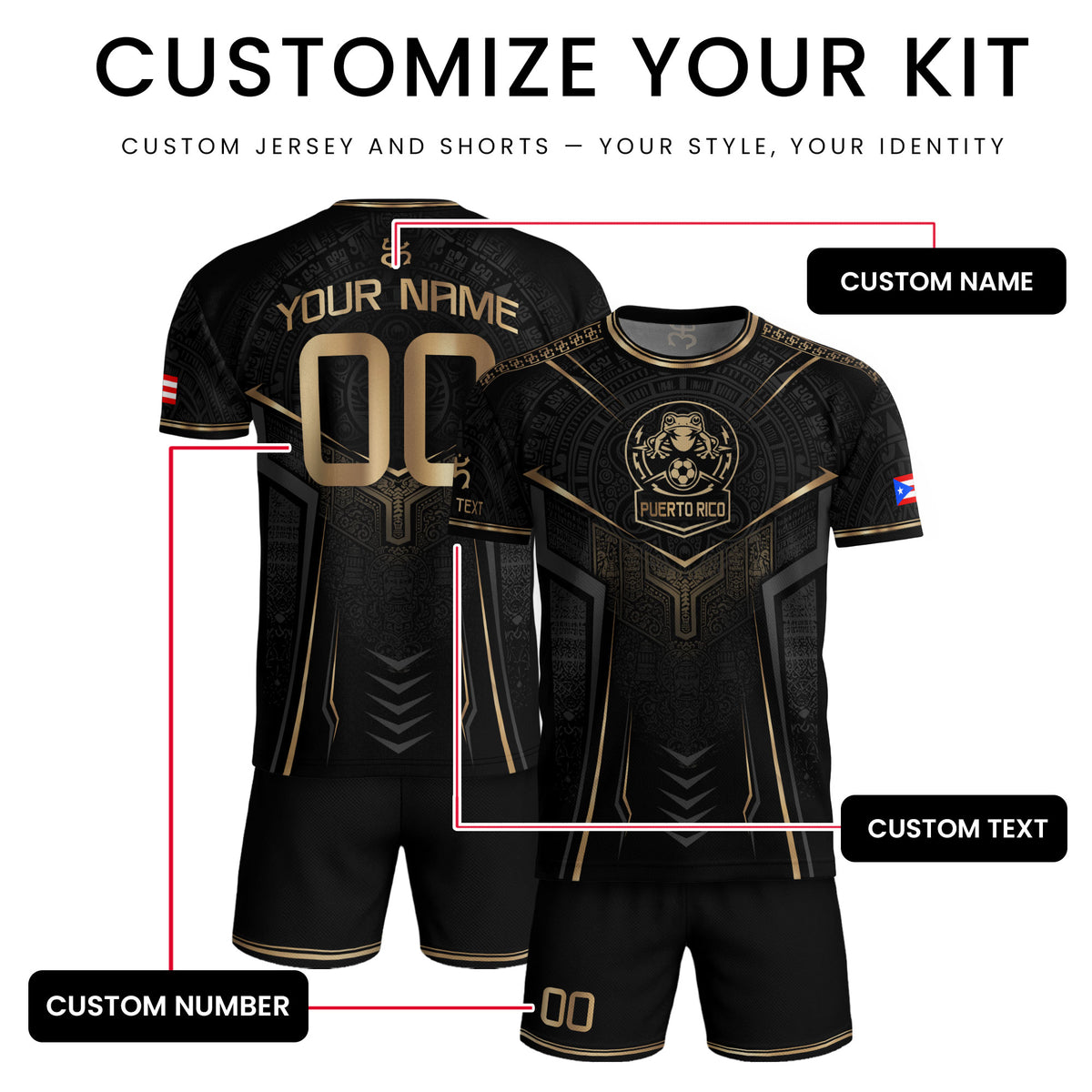 Custom Black Puerto Rico Soccer Jersey Taino Coqui Gold Frog Football Shirt