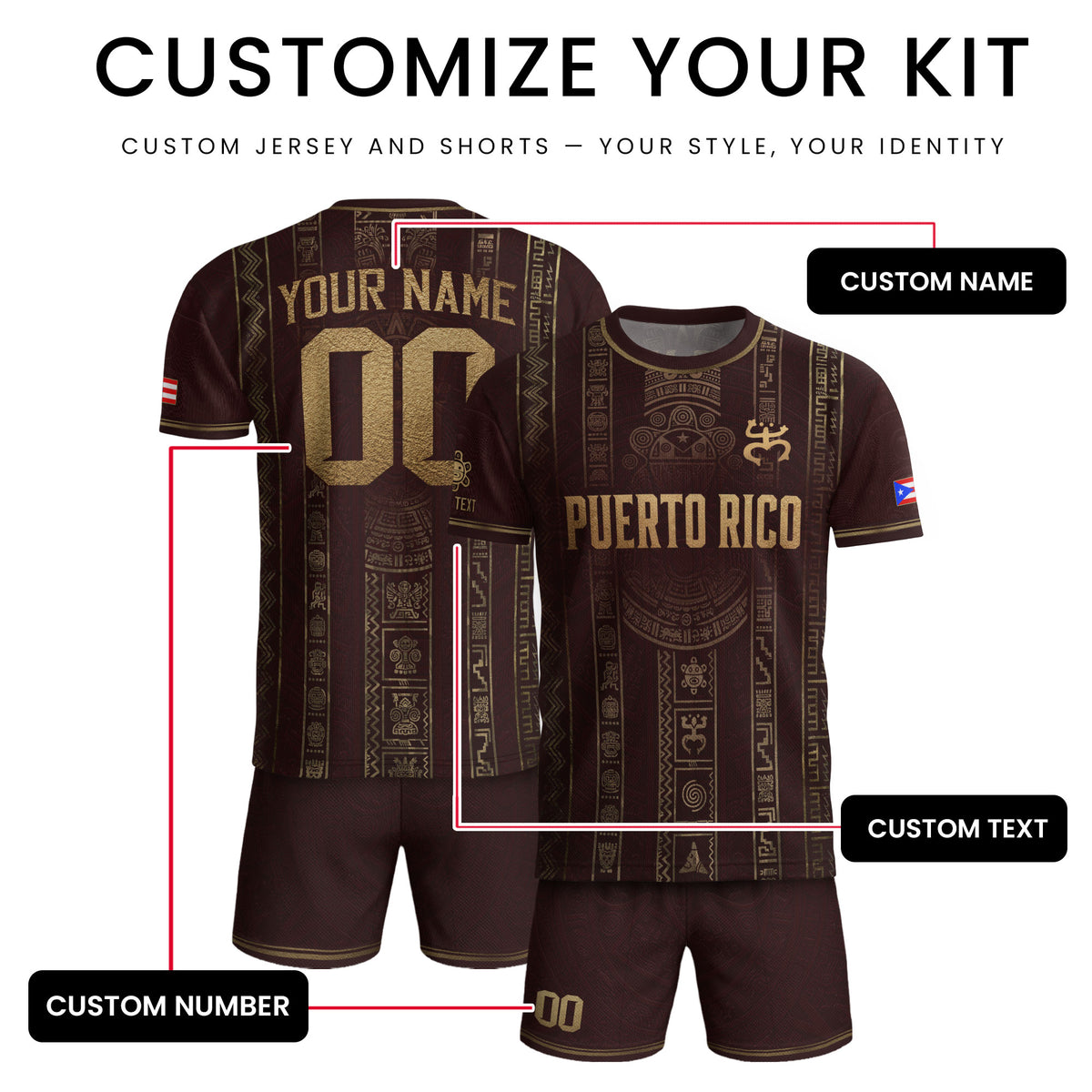 Personalized Puerto Rico Soccer Jersey Maroon Gold Taino Petroglyph Football Shirt