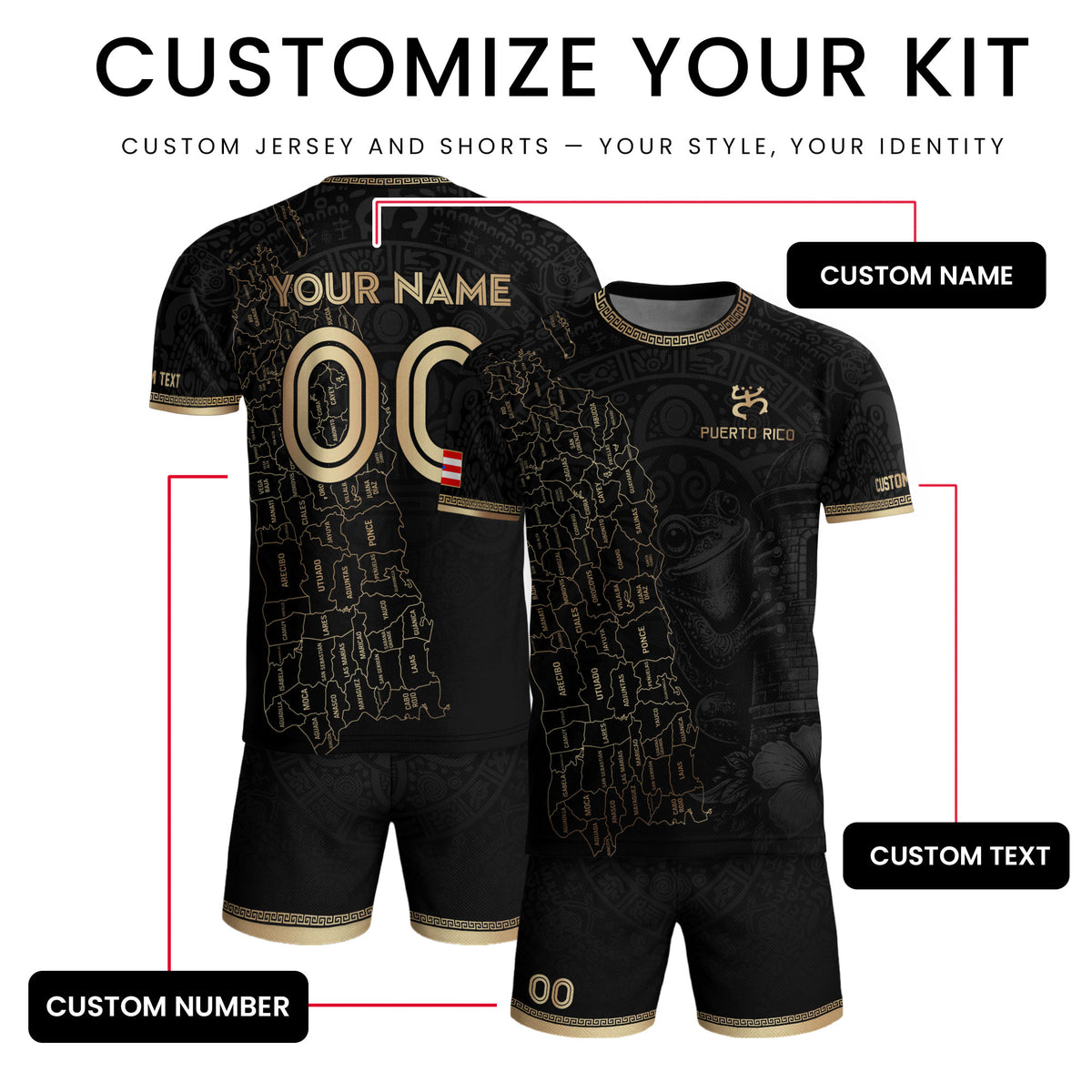 Custom Puerto Rico Soccer Jersey Black Gold Towns Map Coqui Frog Men Women Gift