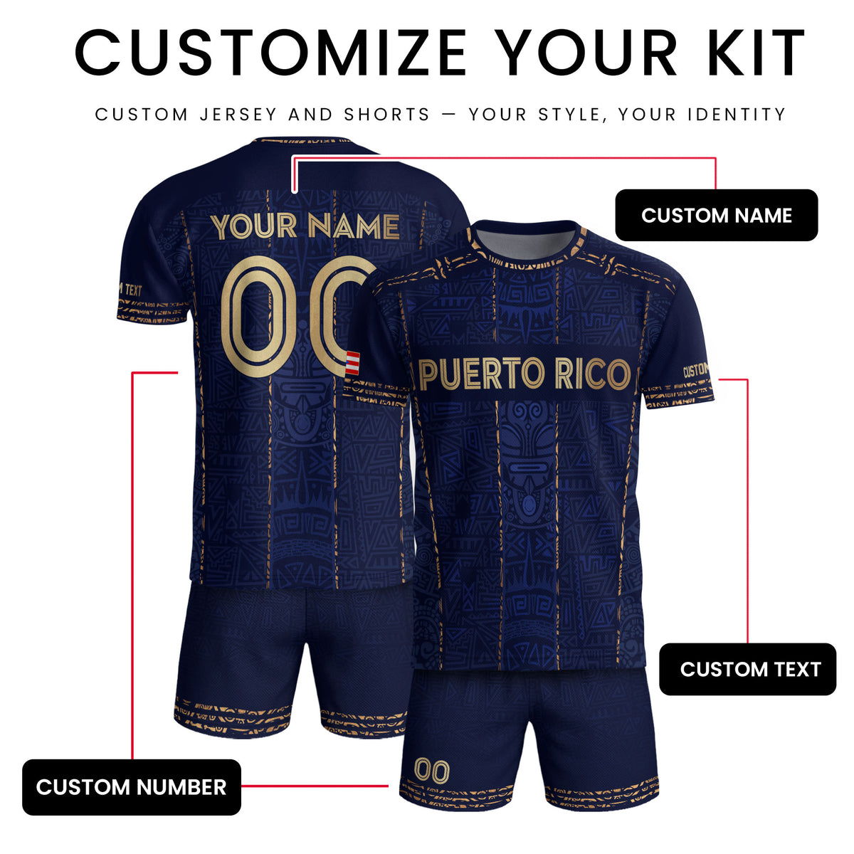 Camiseta de fútbol con máscara taína boricua azul marino de Puerto Rico, bandera tribal, orgullo nacional