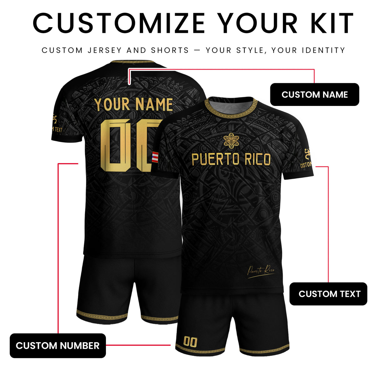 Custom Name Puerto Rico Jersey Black Gold Taino Symbols Boricua Sportswear