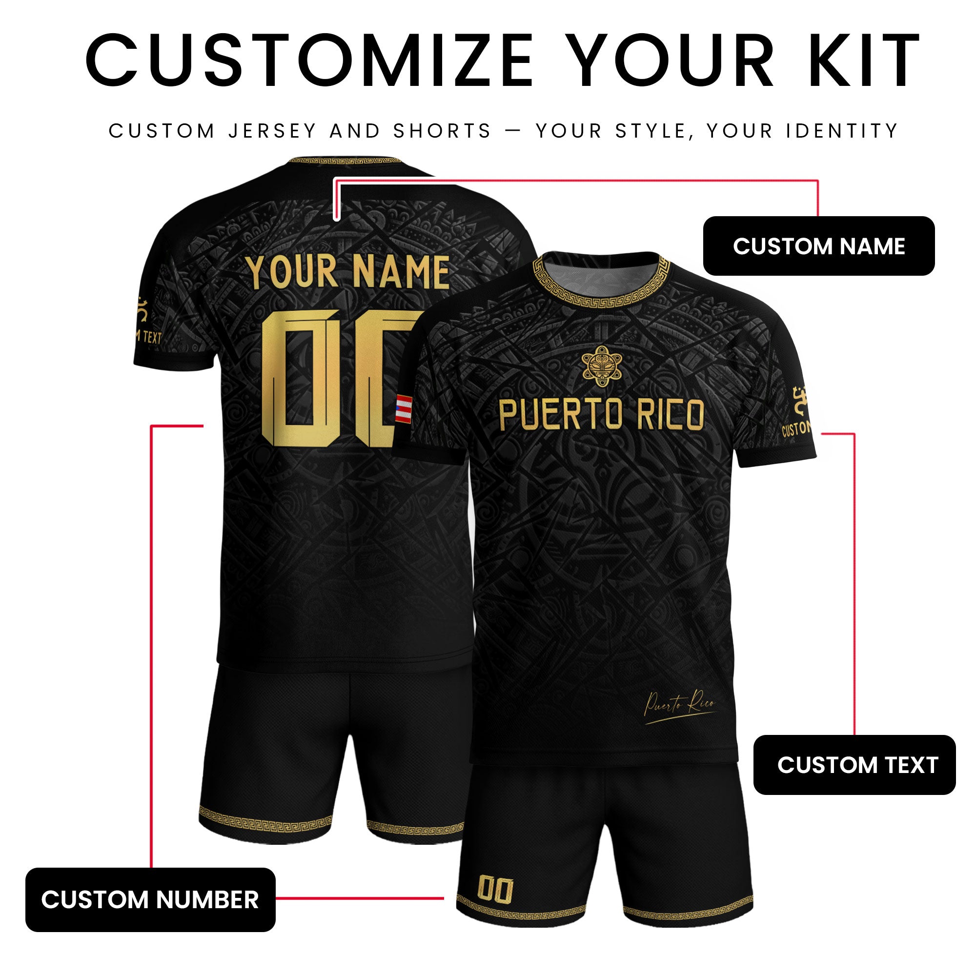 Custom Name Puerto Rico Jersey Black Gold Taino Symbols Boricua Sportswear