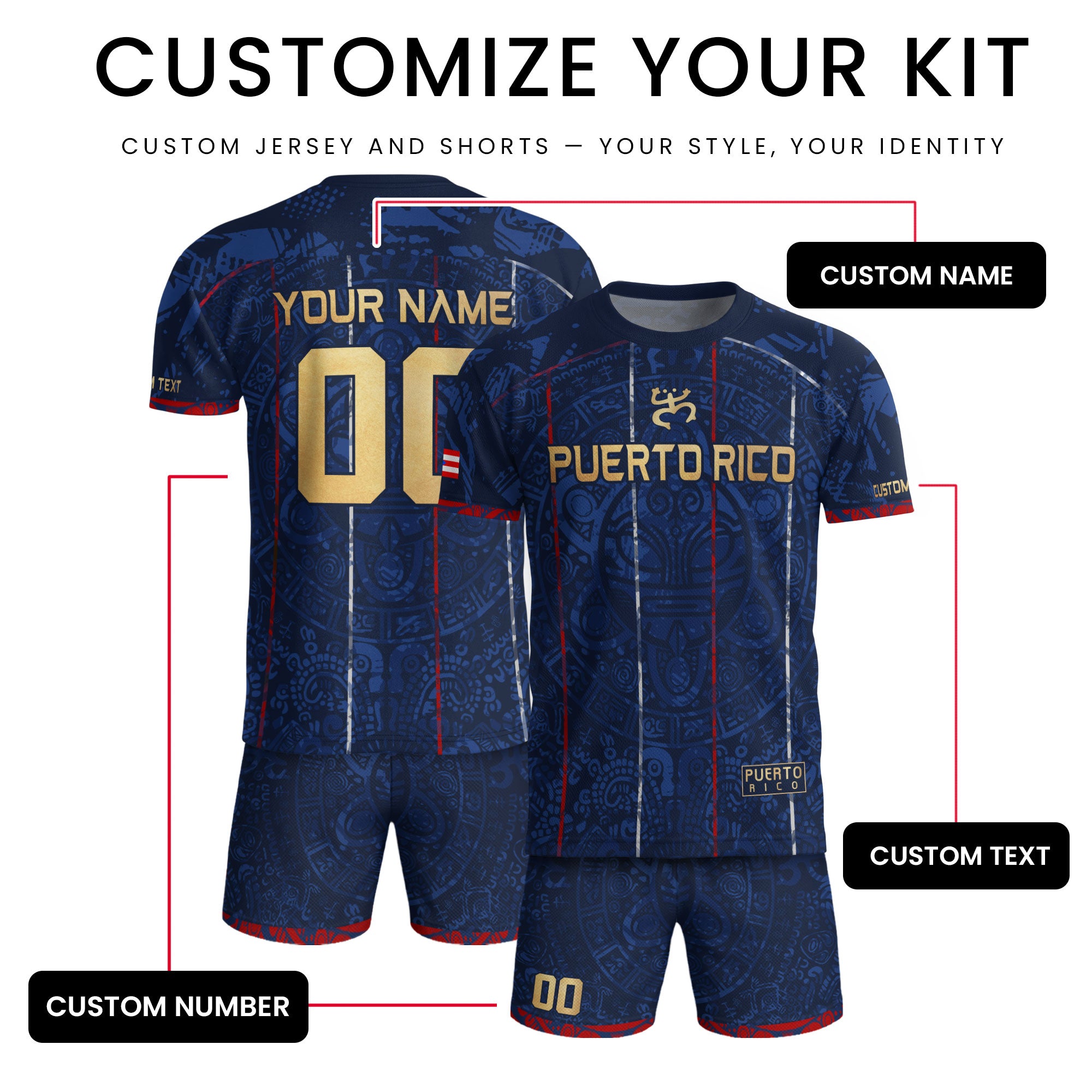 Puerto Rico Custom Soccer Jersey Navy Blue Gold Text Coqui Frog Boricua Pride Gif