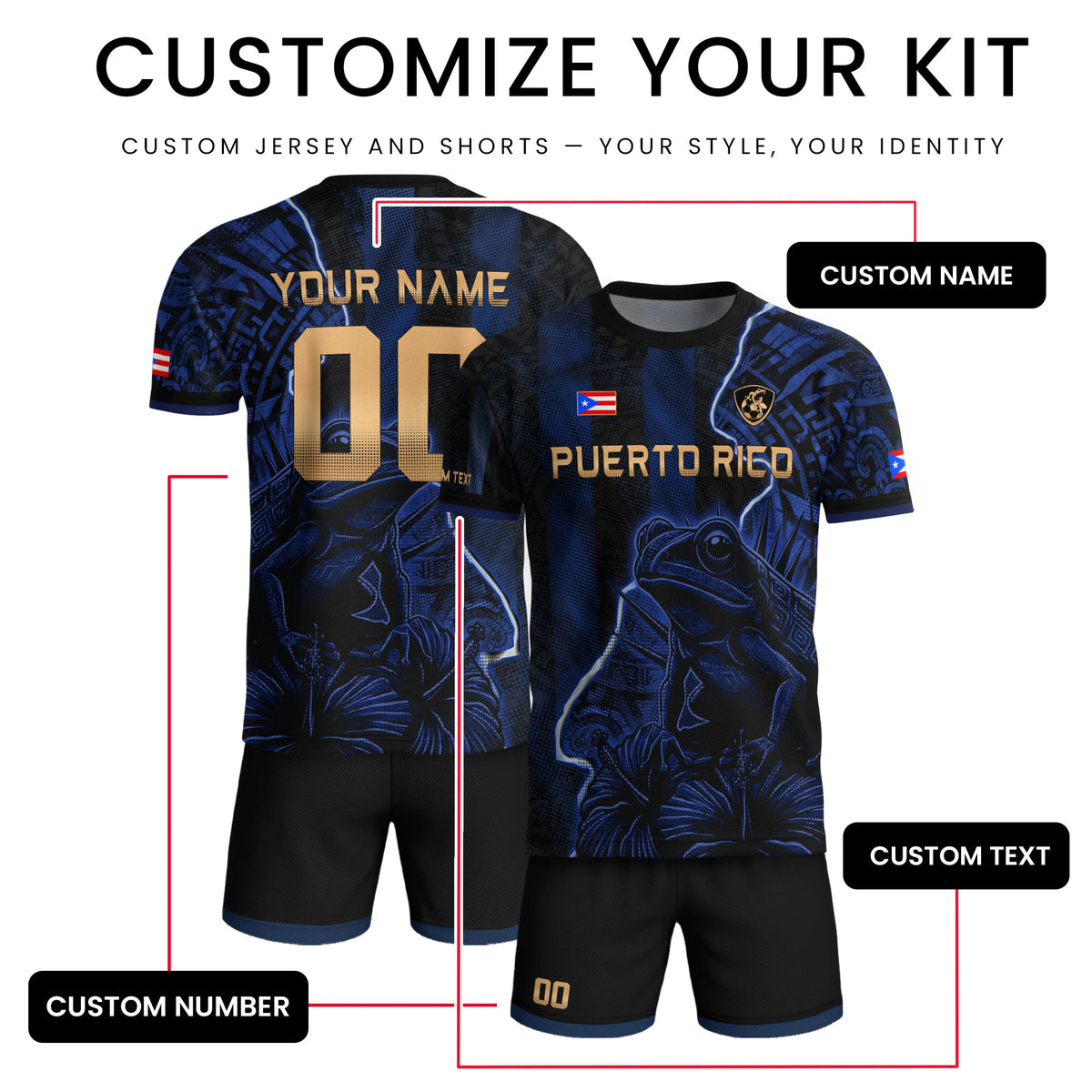 Custom Name Puerto Rico Jersey Lightning Navy Coqui Frog Sportswear