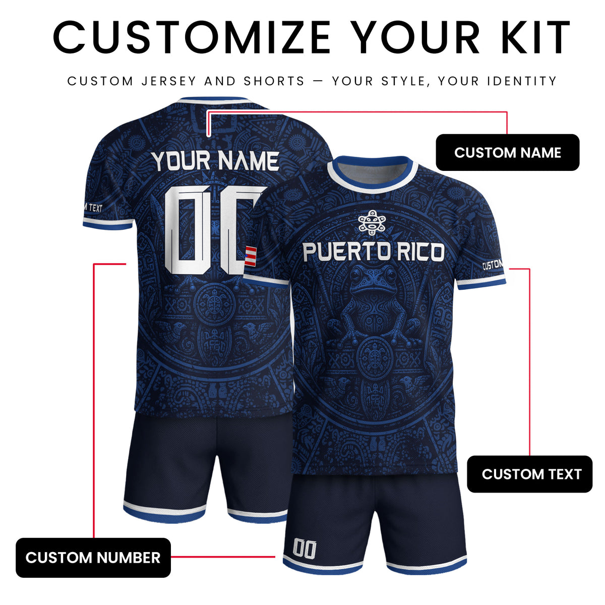 Personalized Puerto Rico Soccer Jersey Navy Blue with Taino Coqui Frog Design