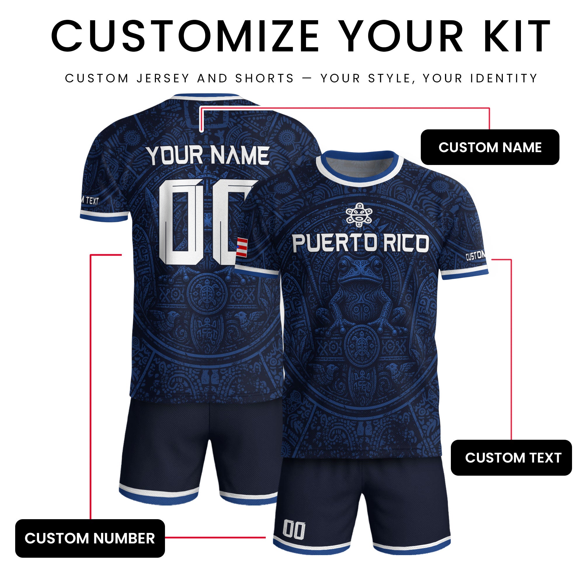 Personalized Puerto Rico Soccer Jersey Navy Blue with Taino Coqui Frog Design