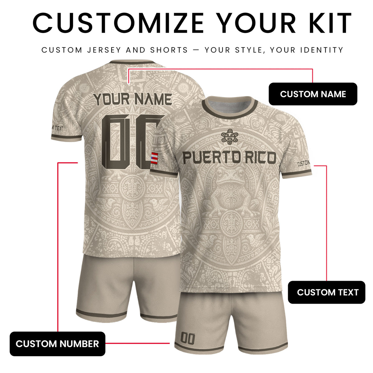 Personalized Name Beige Puerto Rico Soccer Jersey Taino Coqui Frog Boricua Pride