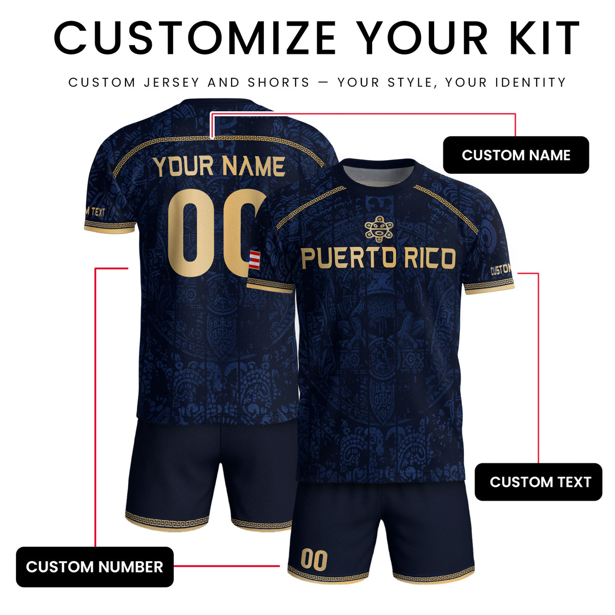 Personalized Name Puerto Rico Soccer Jersey Navy Blue Taino Gold Design Boricua Pride