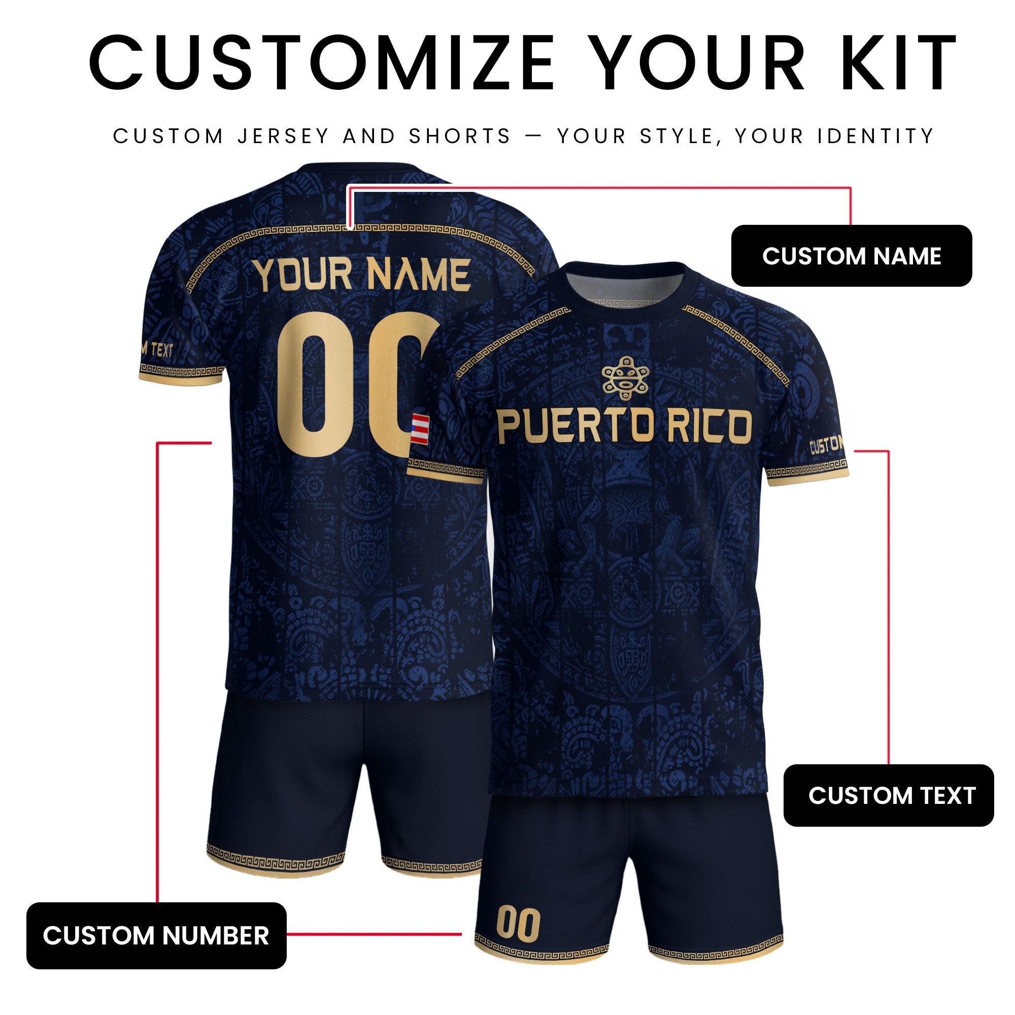 Personalized Name Puerto Rico Soccer Jersey Navy Blue Taino Gold Design Boricua Pride