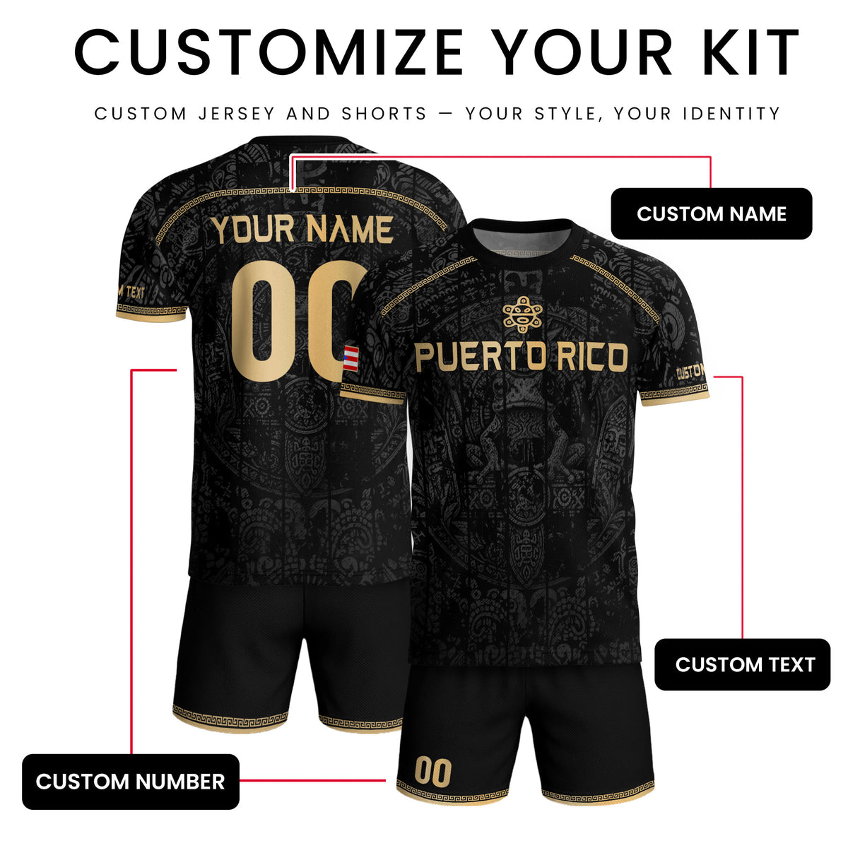 Personalized Name Black Puerto Rico Soccer Jersey Taino Gold Design Boricua Pride