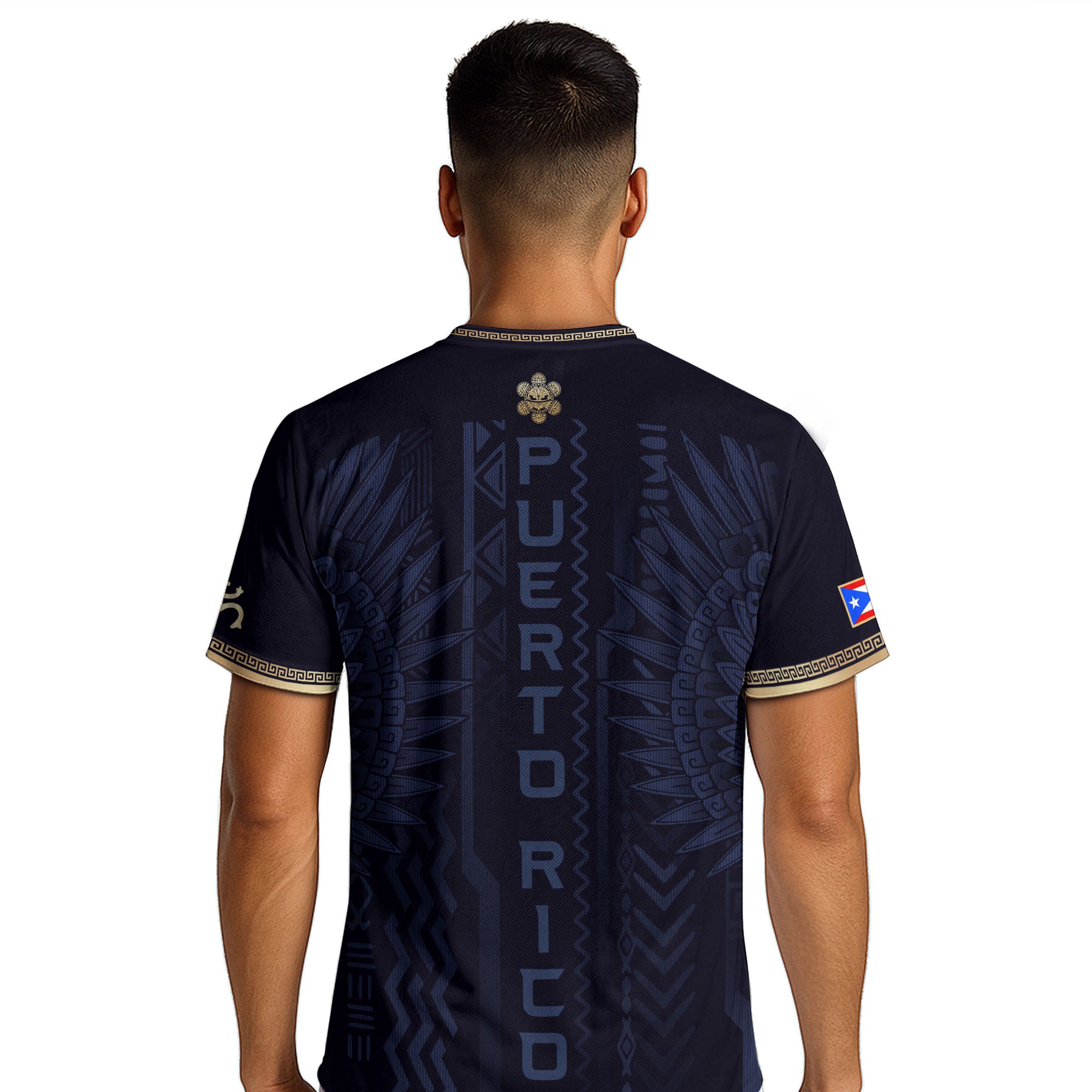 Camiseta de fútbol con máscara taína boricua azul marino de Puerto Rico, bandera tribal, orgullo nacional