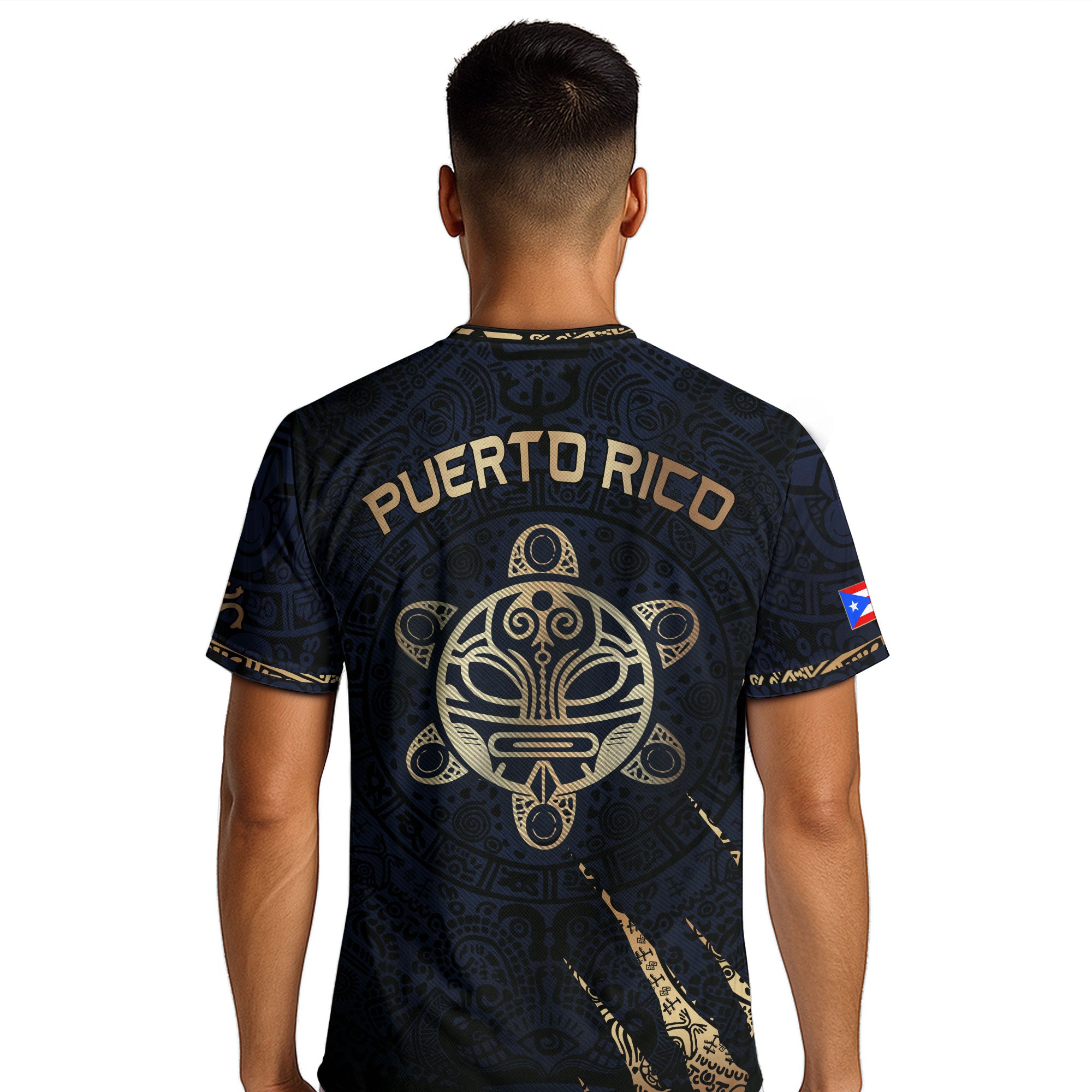 Camiseta de fútbol con máscara taína boricua azul marino de Puerto Rico, bandera tribal, orgullo nacional