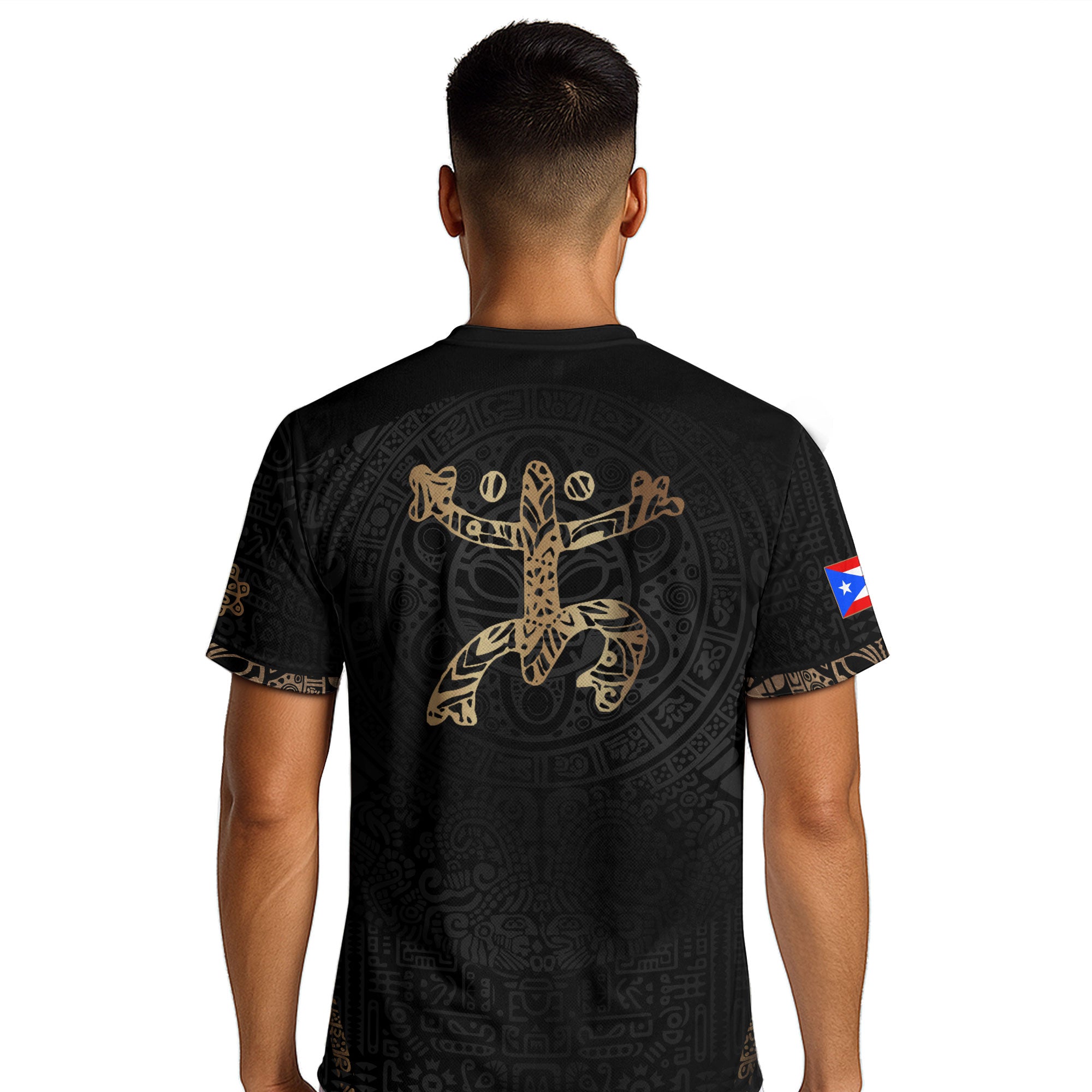 Puerto Rico Soccer Jersey Black Gold - Coquí Frog & Taino Sun - V-Shape Tribal Shirt