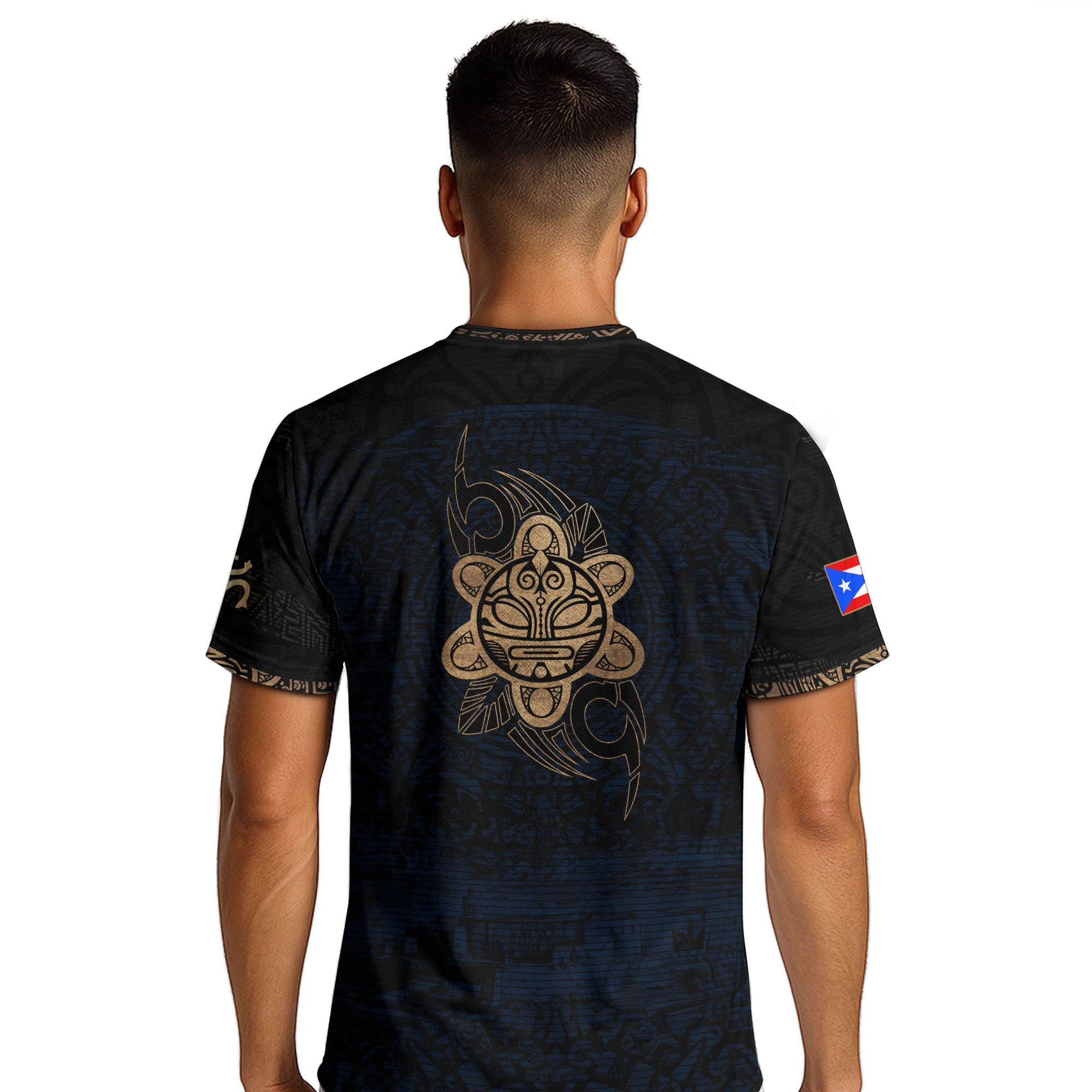 Puerto Rico Soccer Jersey Navy Gold - Taino Sun Calendar Design - Boricua Football Shirt