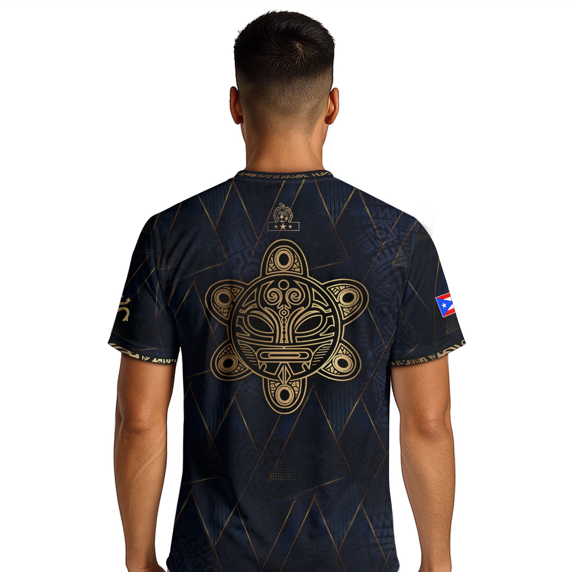 Puerto Rico Soccer Jersey Navy Gold - Geometric Taino Sun Design - Boricua Football Shirt